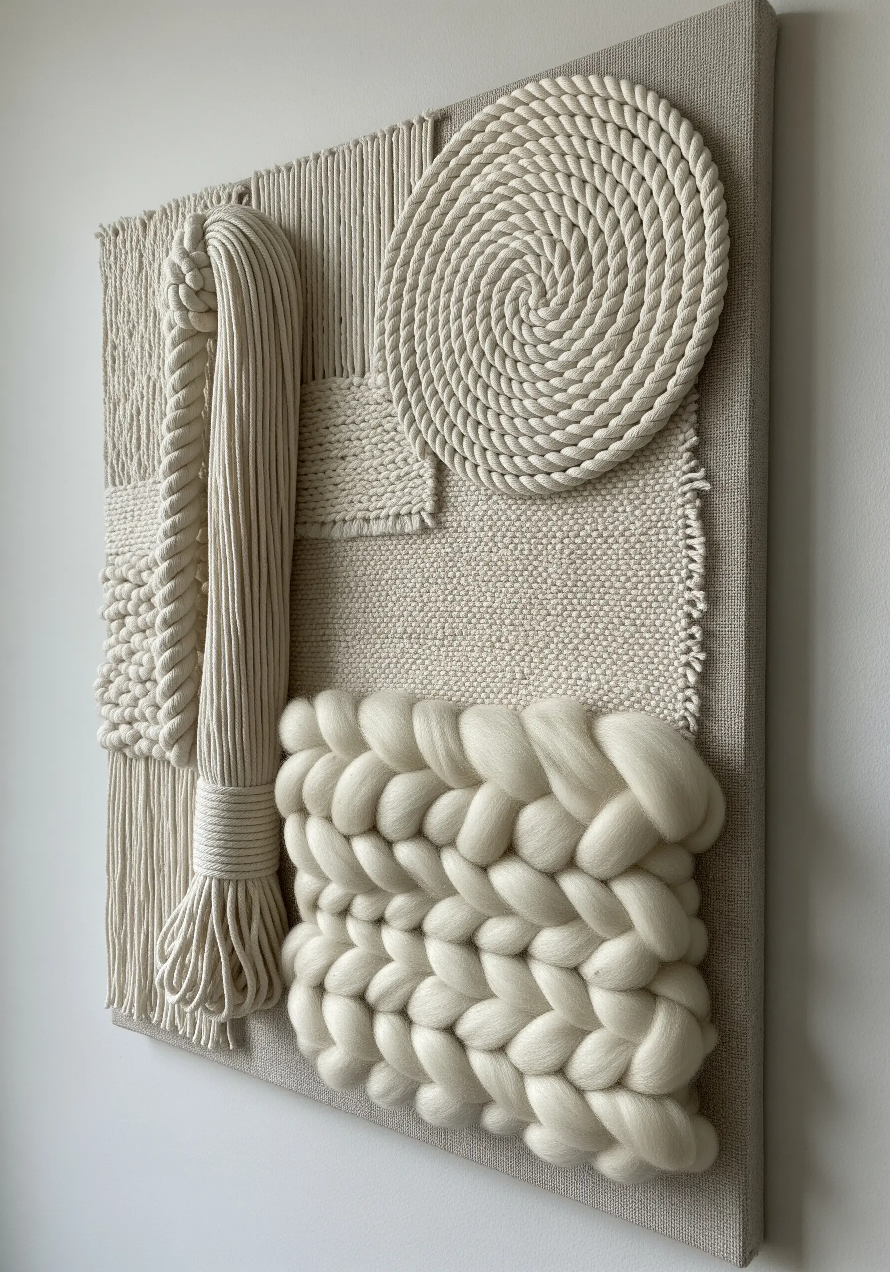 A monochrome off-white fiber art piece on canvas with coils, tassels, and weaving.
