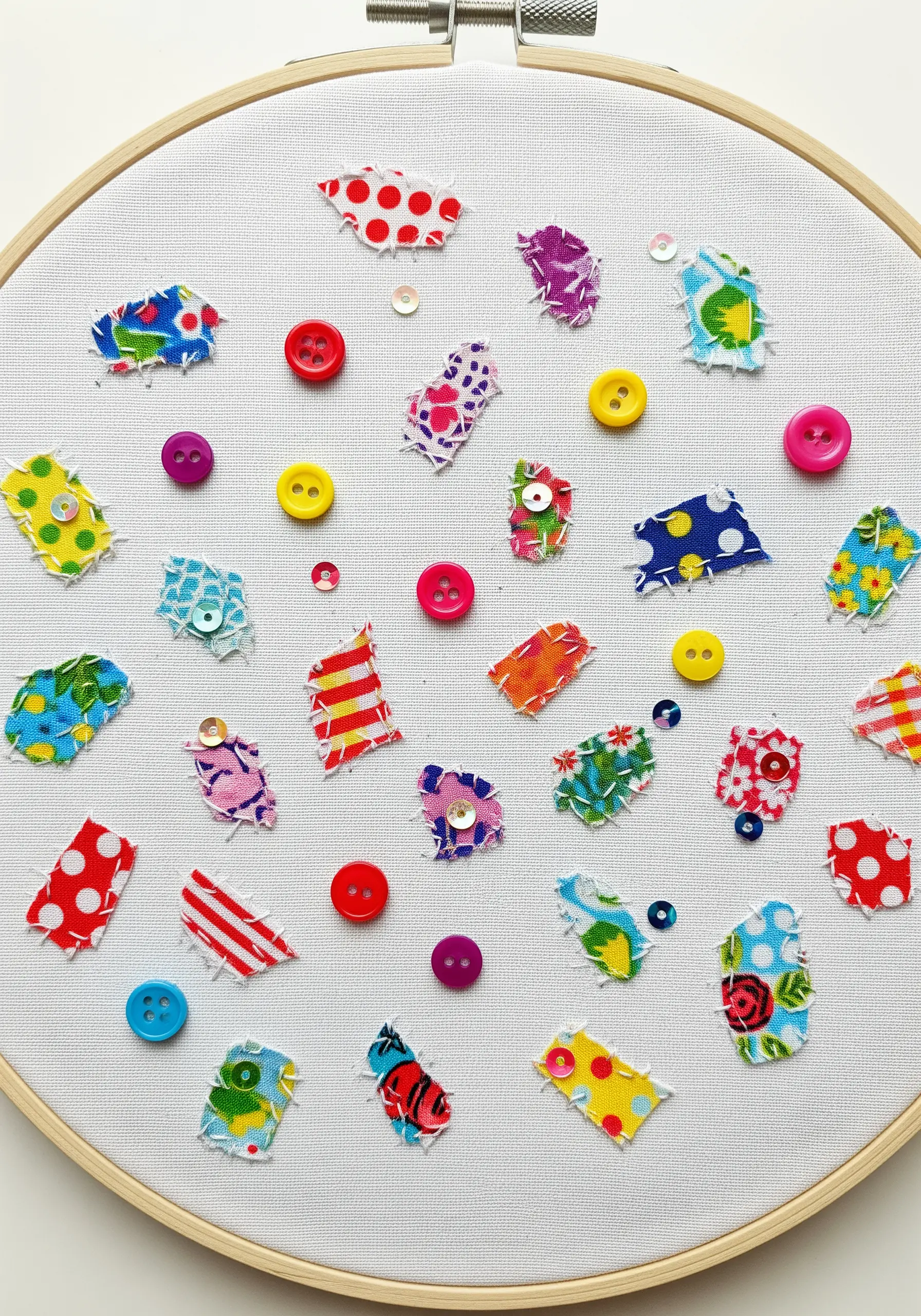 Colorful fabric scraps, buttons, and sequins scattered and stitched onto white fabric.