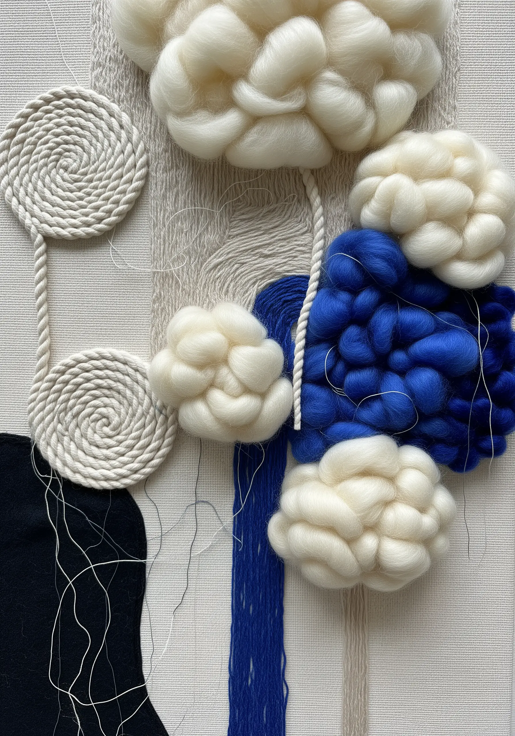 Abstract fiber art with coiled rope, felt, and fluffy white and blue yarn clouds.