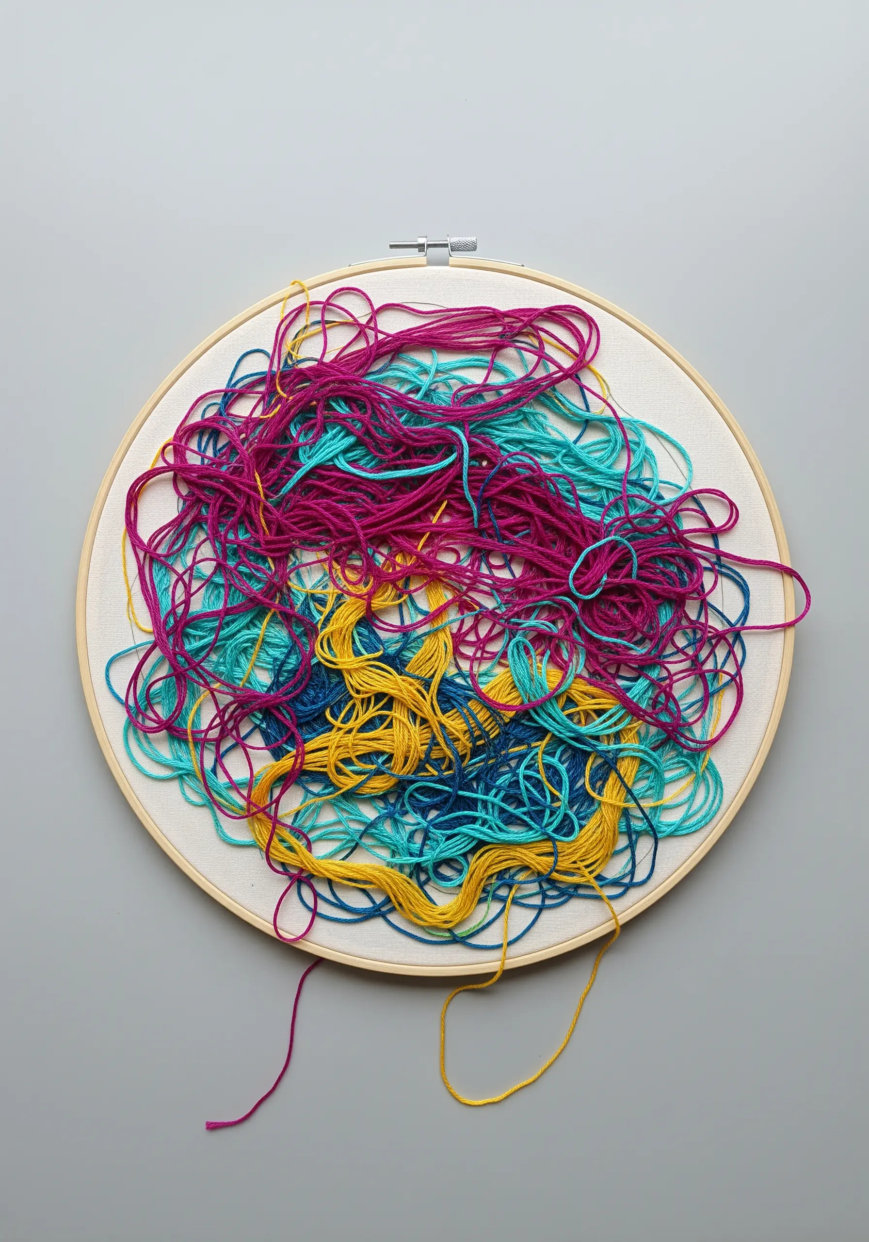 An embroidery hoop filled with a chaotic, abstract tangle of colorful, unstitched threads.