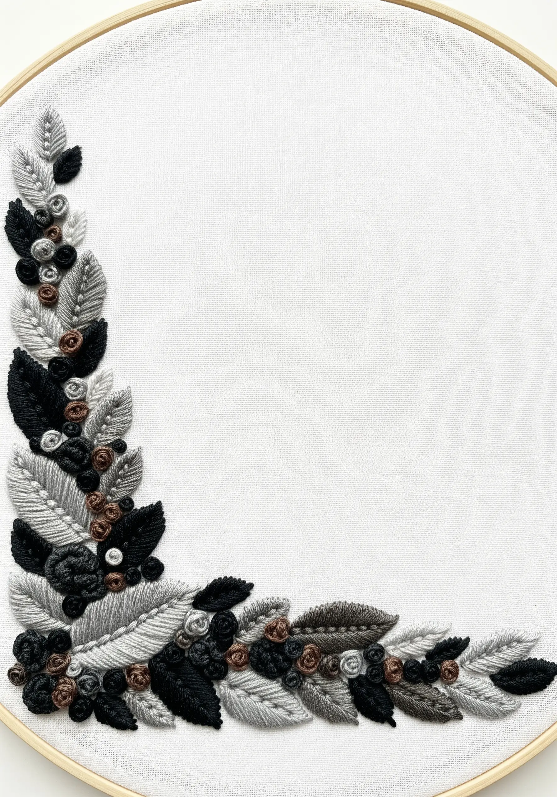A lush corner arrangement of embroidered leaves and flowers in black, grey, and brown tones.