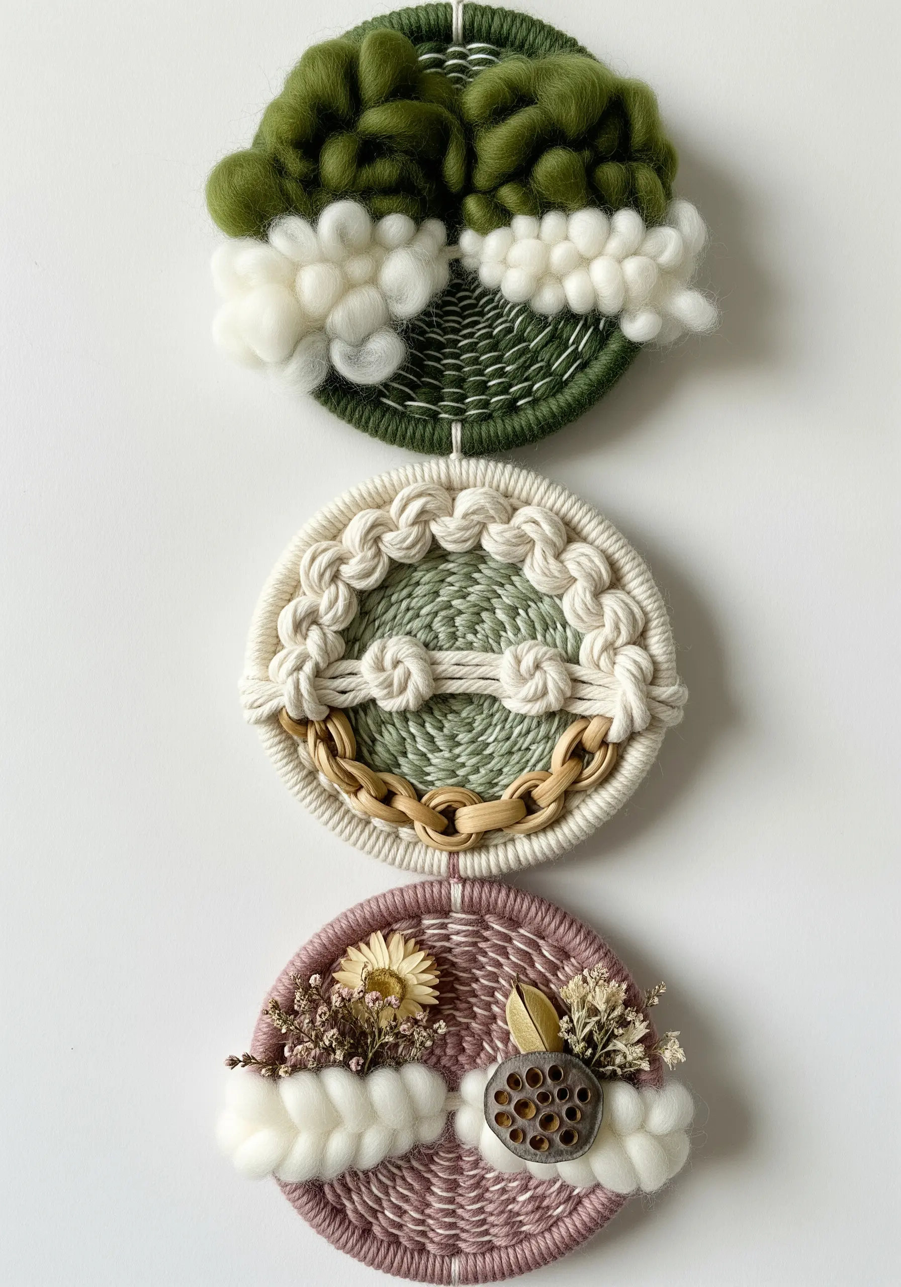 Three small, circular weavings with natural elements like dried flowers and wooden chains.