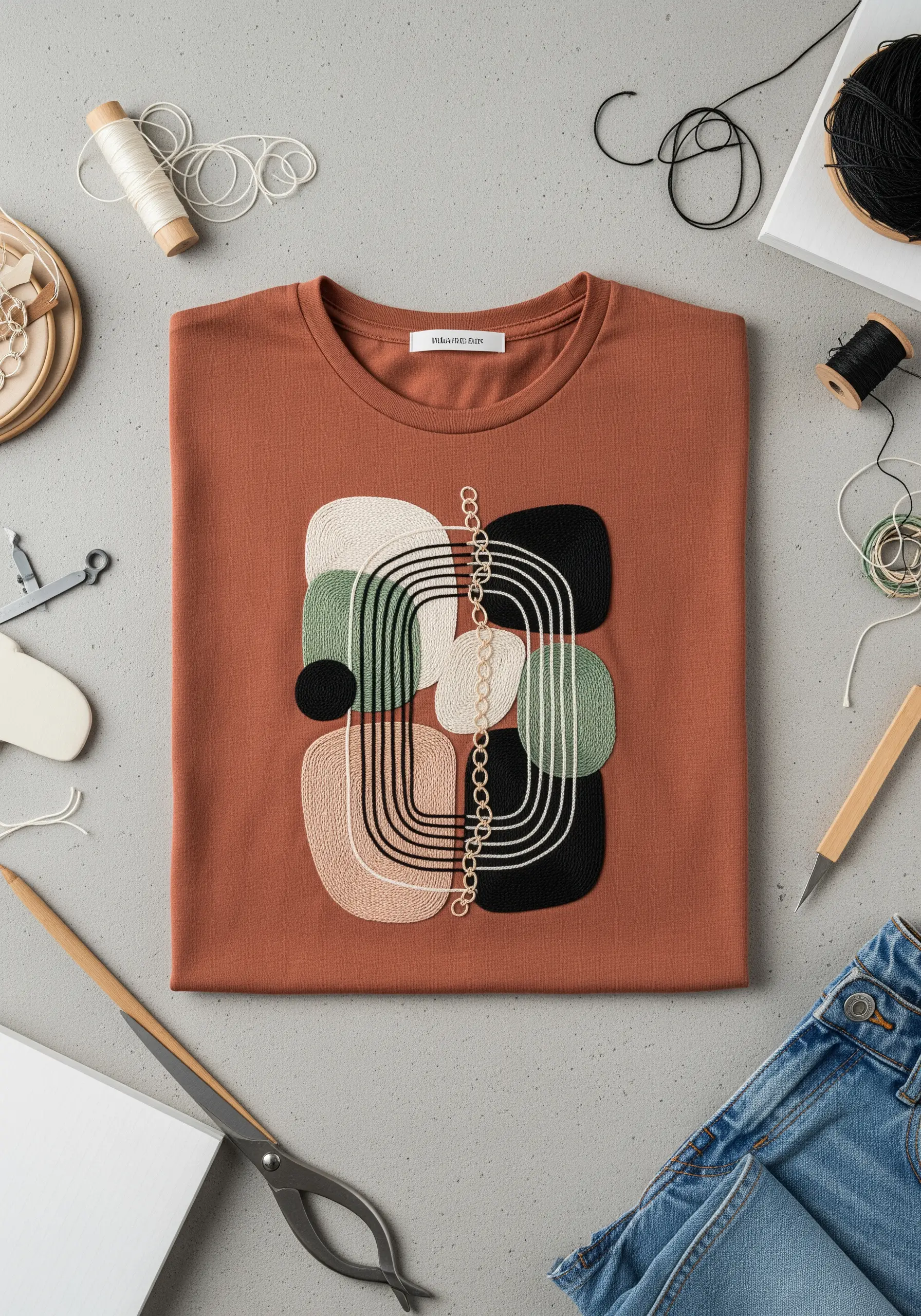 Modern abstract embroidery with organic shapes and lines in earth tones on a terracotta t-shirt.