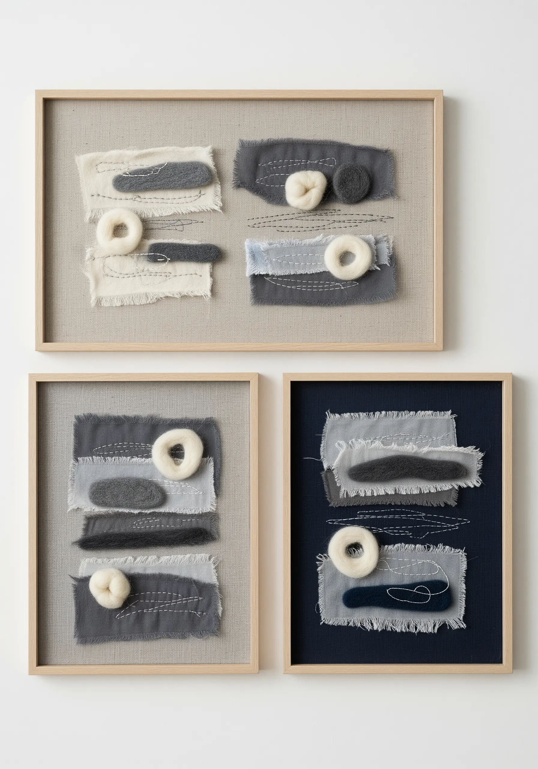 Framed textile collages with layered grey fabric, felt shapes, and simple hand stitching.