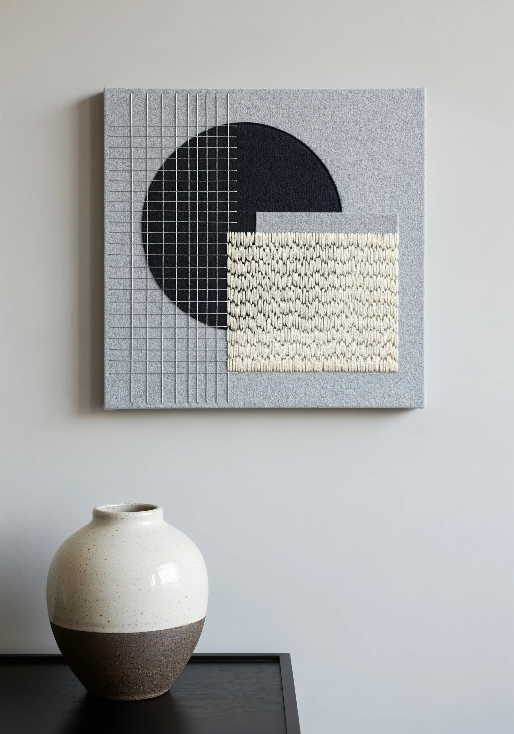 Modern mixed-media art with a thread grid, black circle, and a rectangle of seed stitch.