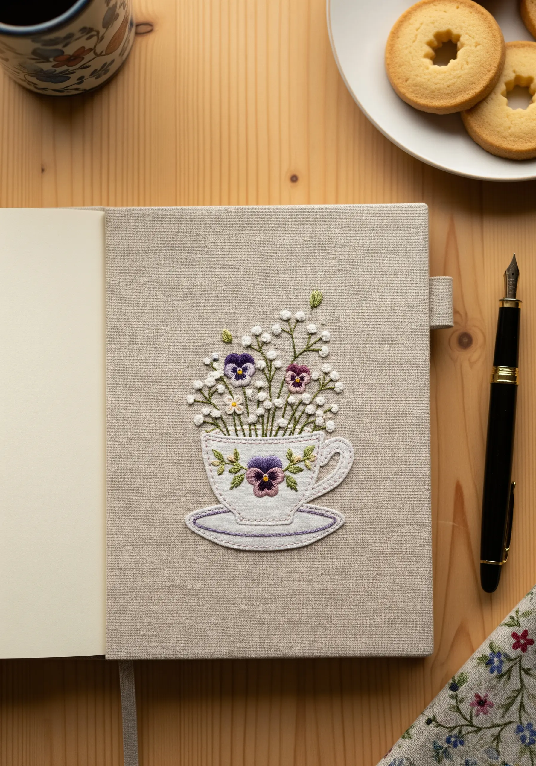 Embroidered patch of a teacup filled with pansies and baby's breath on a journal.