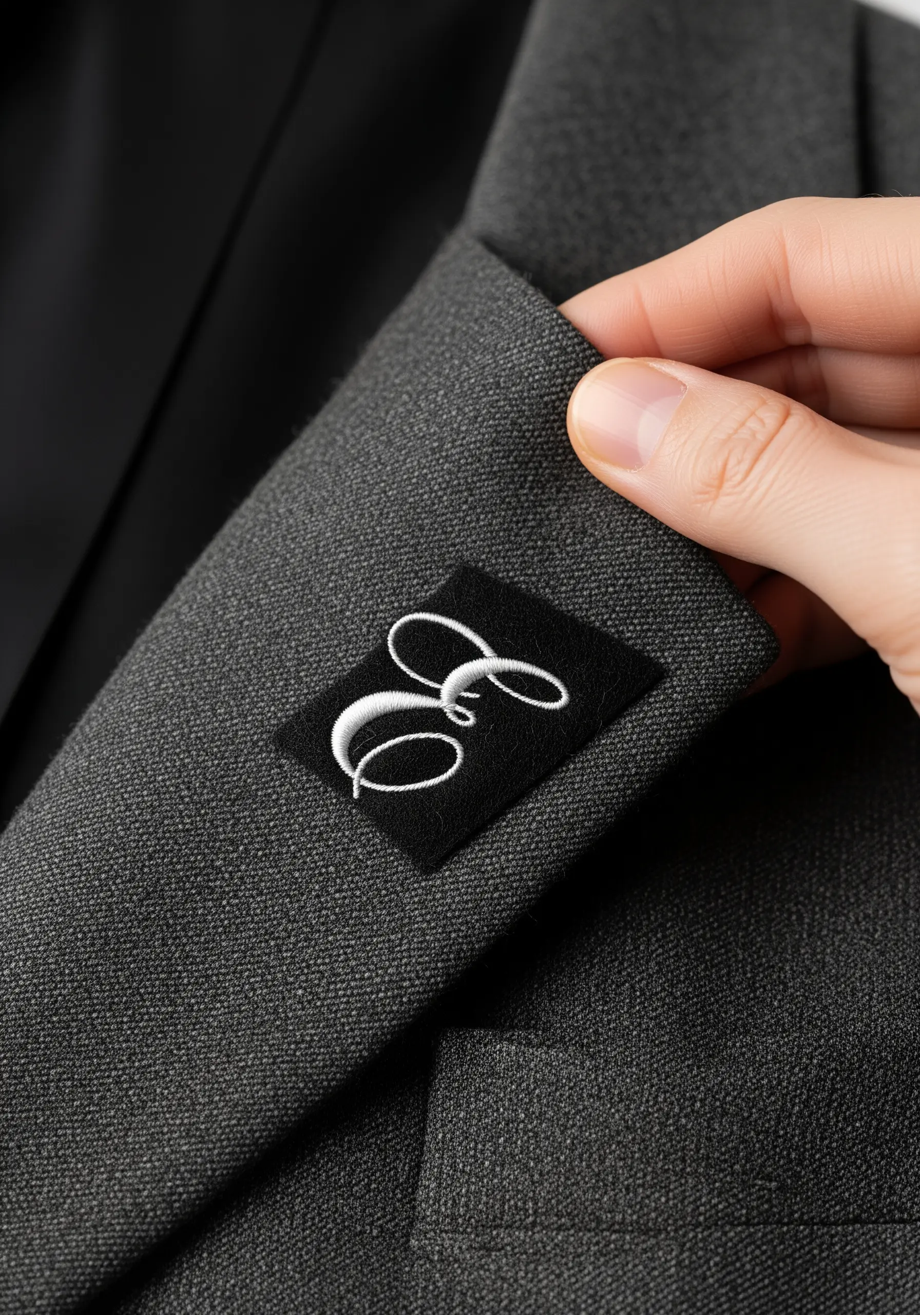 A scripted white initial 'E' embroidered on a black patch, hidden under a grey jacket lapel.
