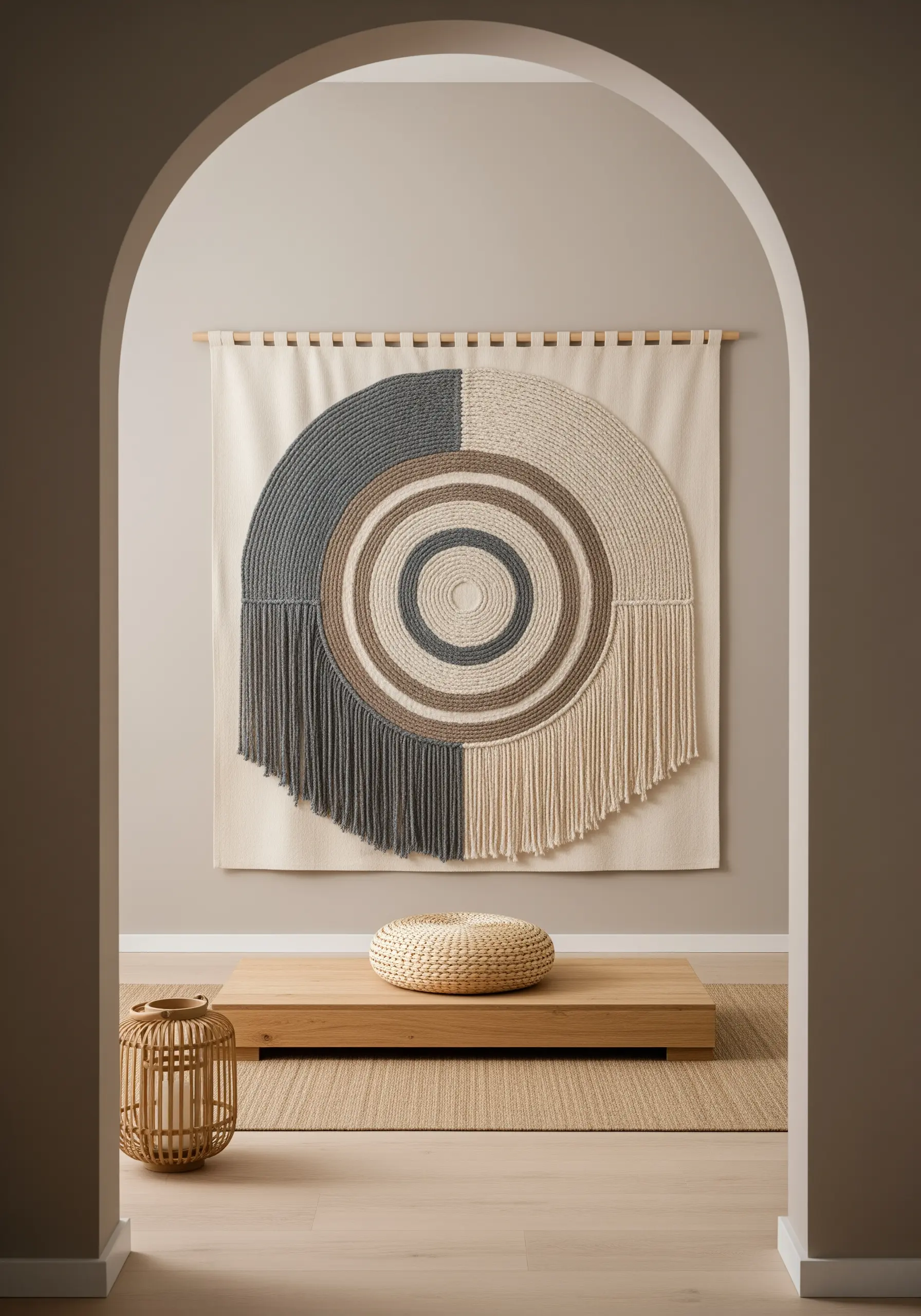 Large circular fiber art wall hanging with concentric circles in grey, greige, and ivory yarns.