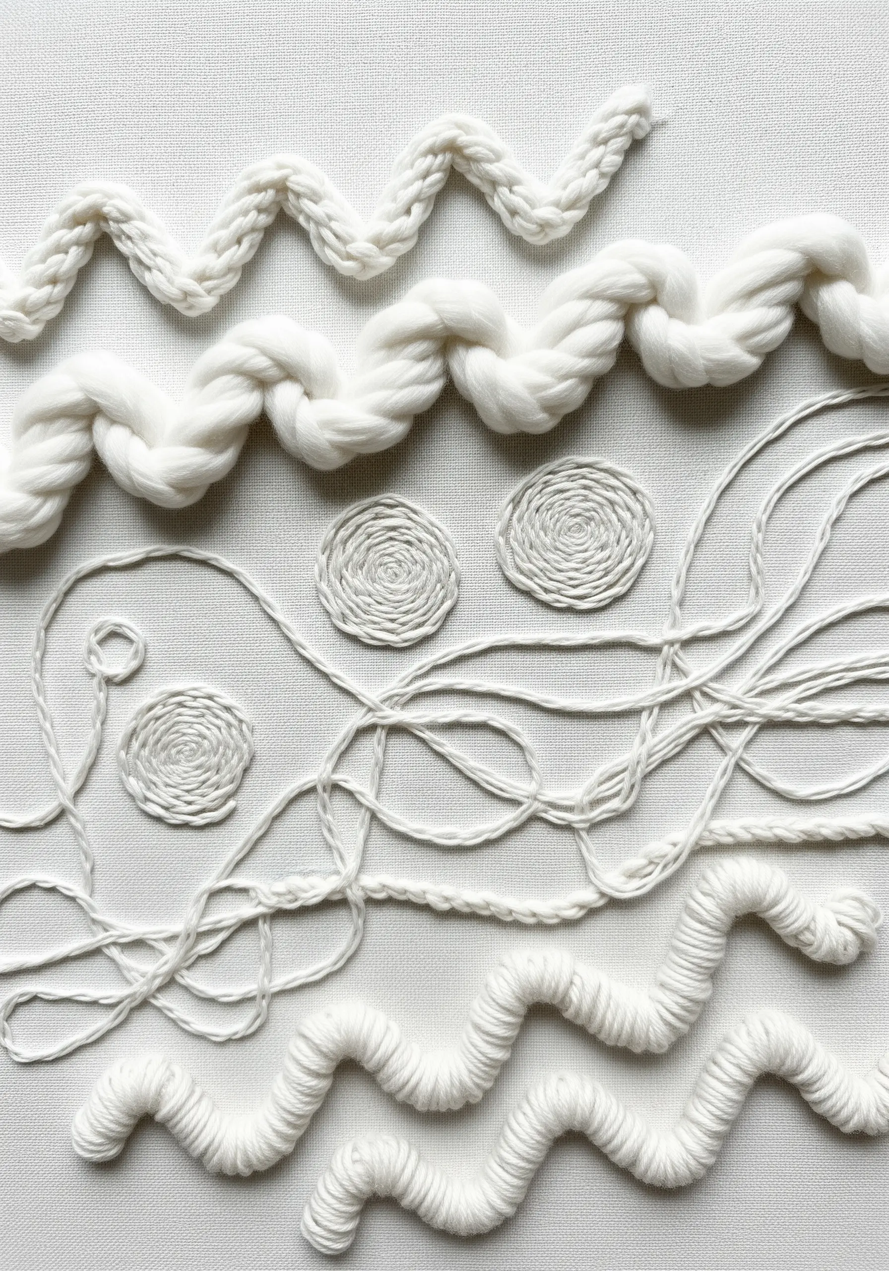 All-white textured embroidery featuring various yarns and cords in abstract shapes on a white canvas.