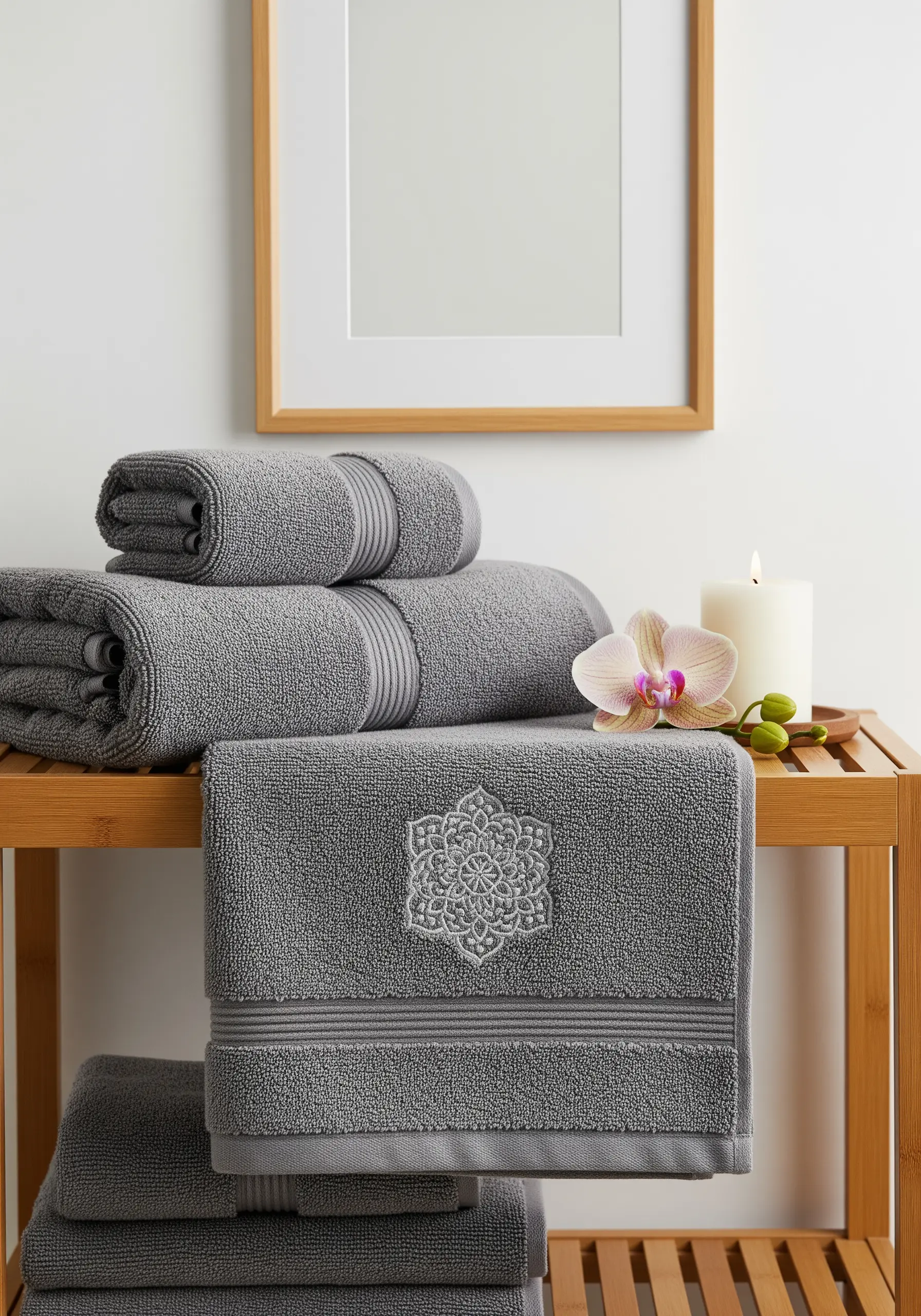 A clean, white embroidered mandala on the border of a folded grey terrycloth towel.