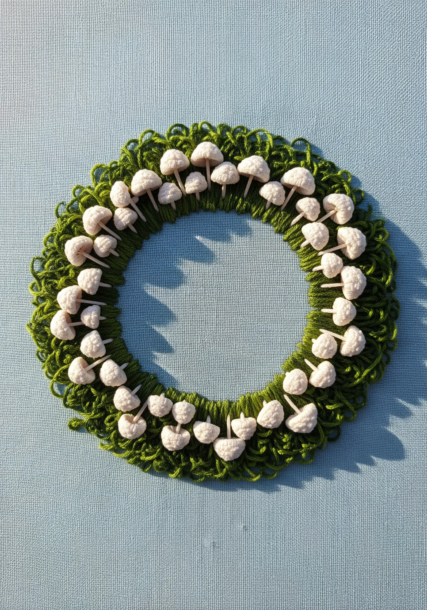 A wreath made of tiny 3D white mushrooms on a bed of green yarn.