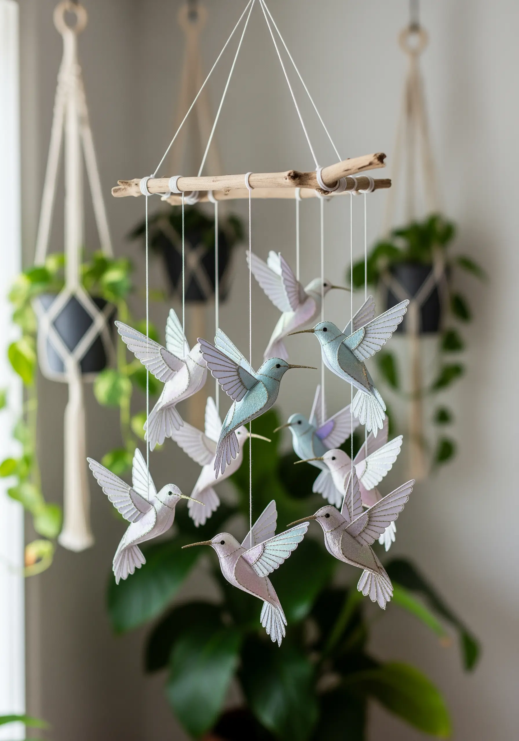 A hanging mobile made of multiple embroidered paper hummingbirds in pastel colors.