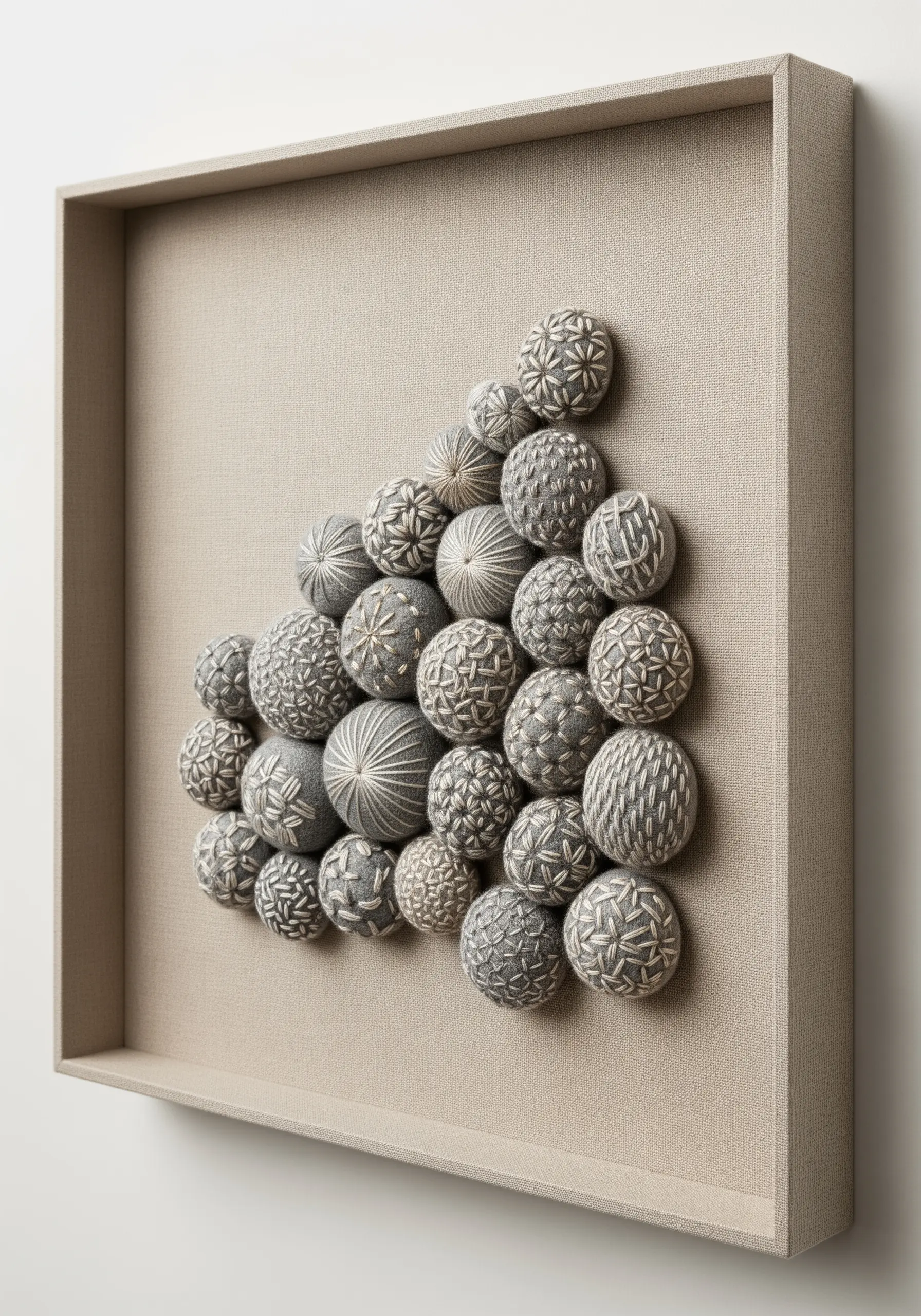 A 3D wall art piece with a cluster of embroidered gray spheres in a shadow box.
