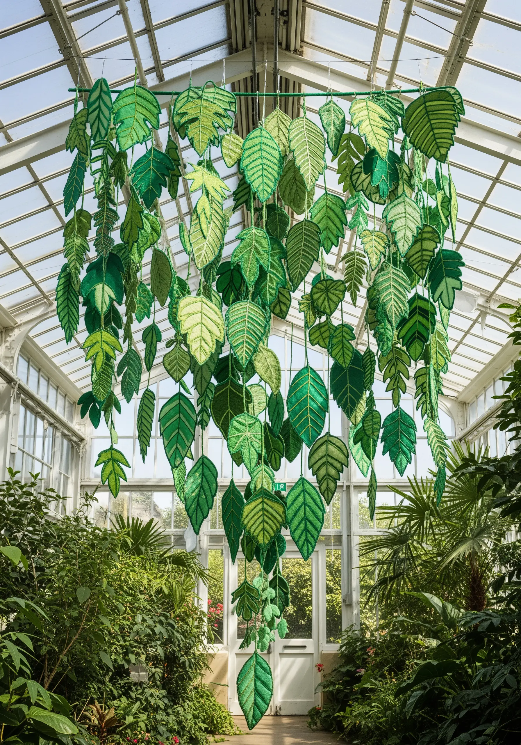 A hanging installation of numerous embroidered green leaves suspended from the ceiling in a greenhouse.