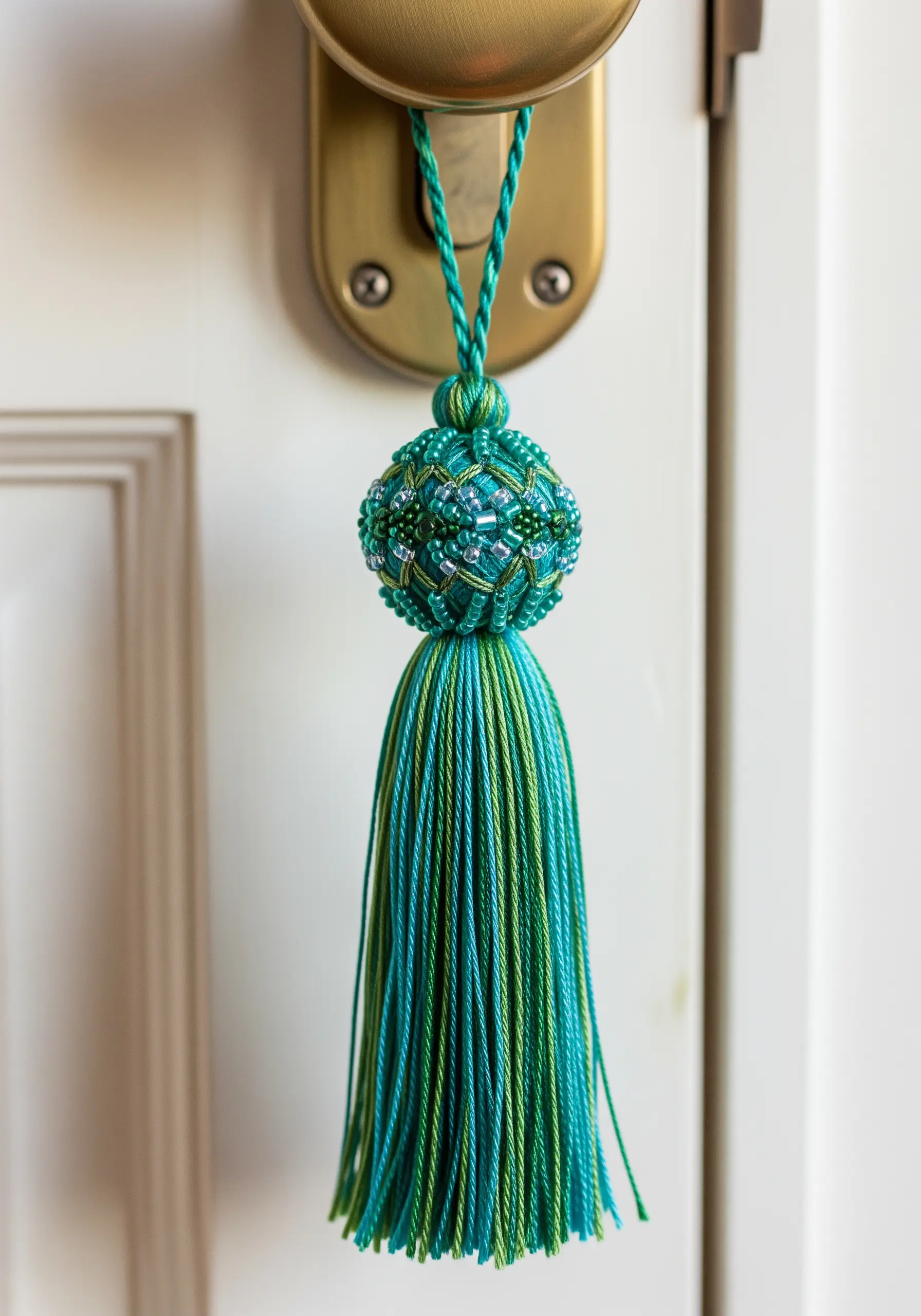A handmade tassel in shades of teal and green with a beaded top, hanging from a doorknob.