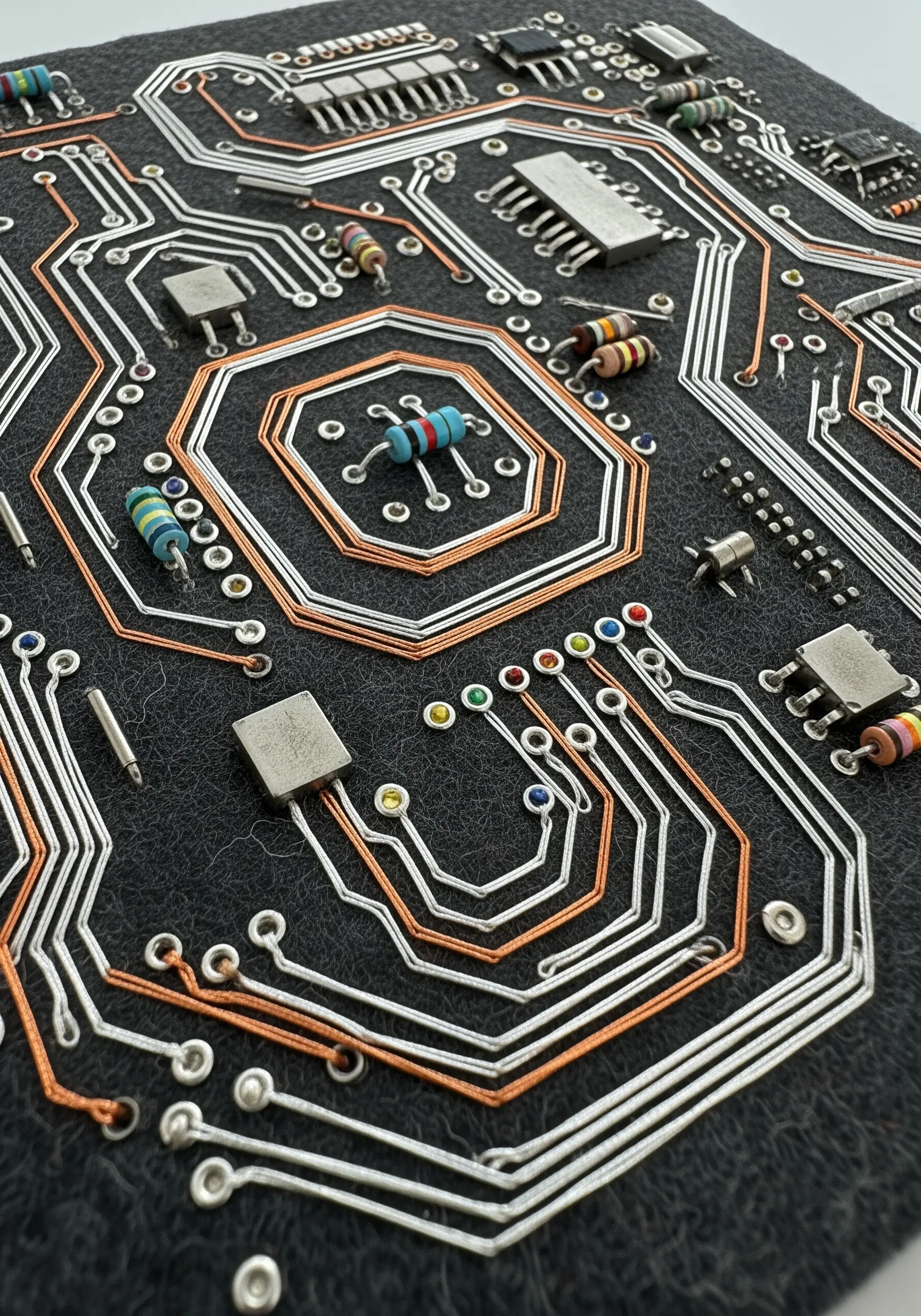 A detailed embroidery of a computer circuit board using metallic threads, wire, and real electronic components.