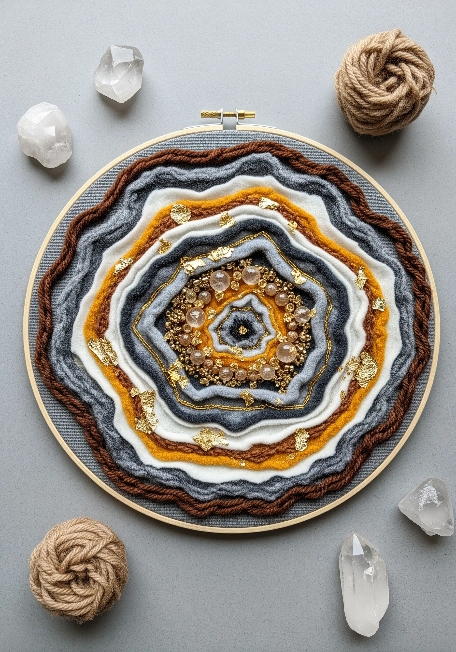 Geode-inspired hoop art with concentric rings of wool, beads, and gold leaf flakes.