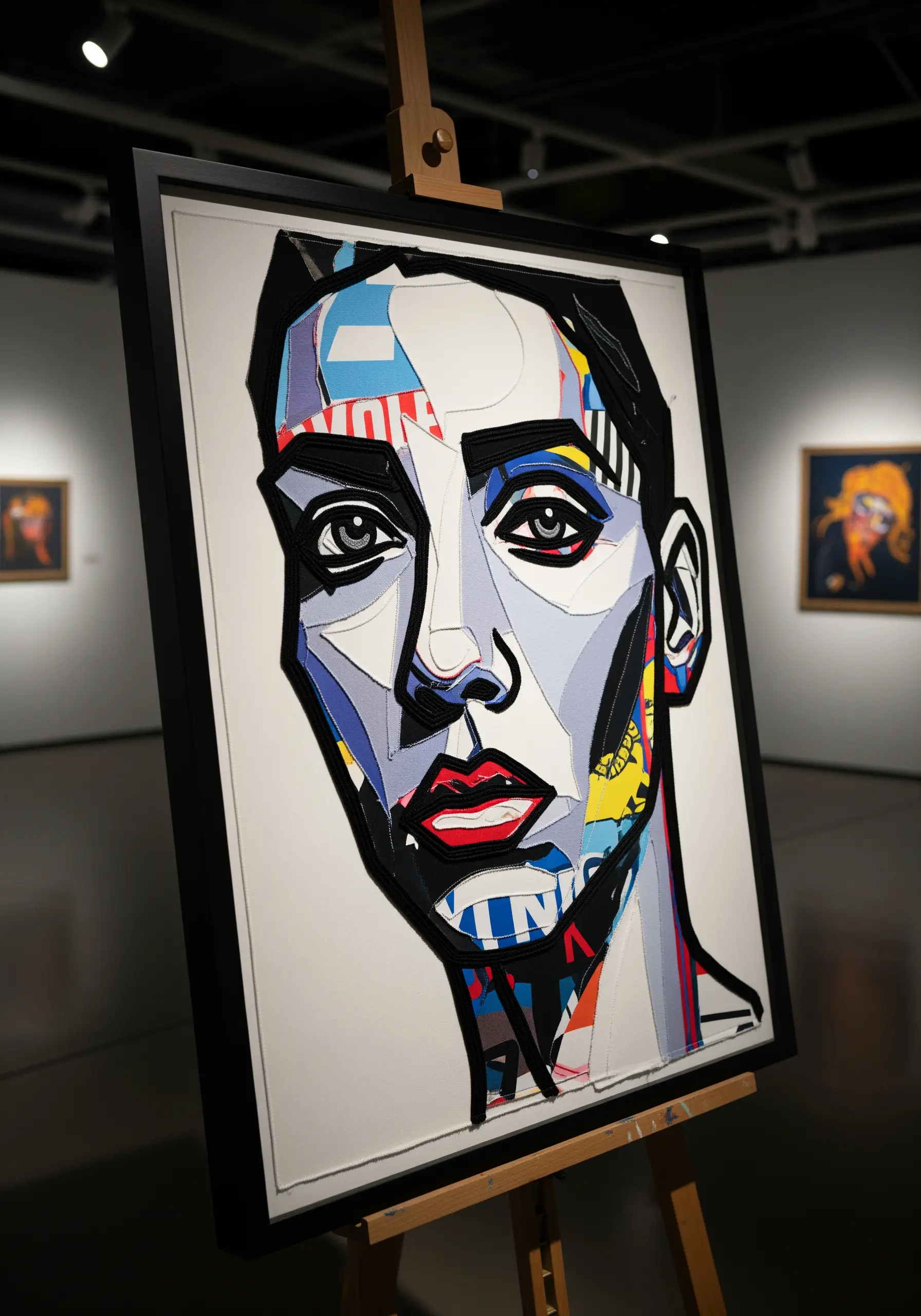 Abstract fabric collage portrait with bold black stitched outlines.