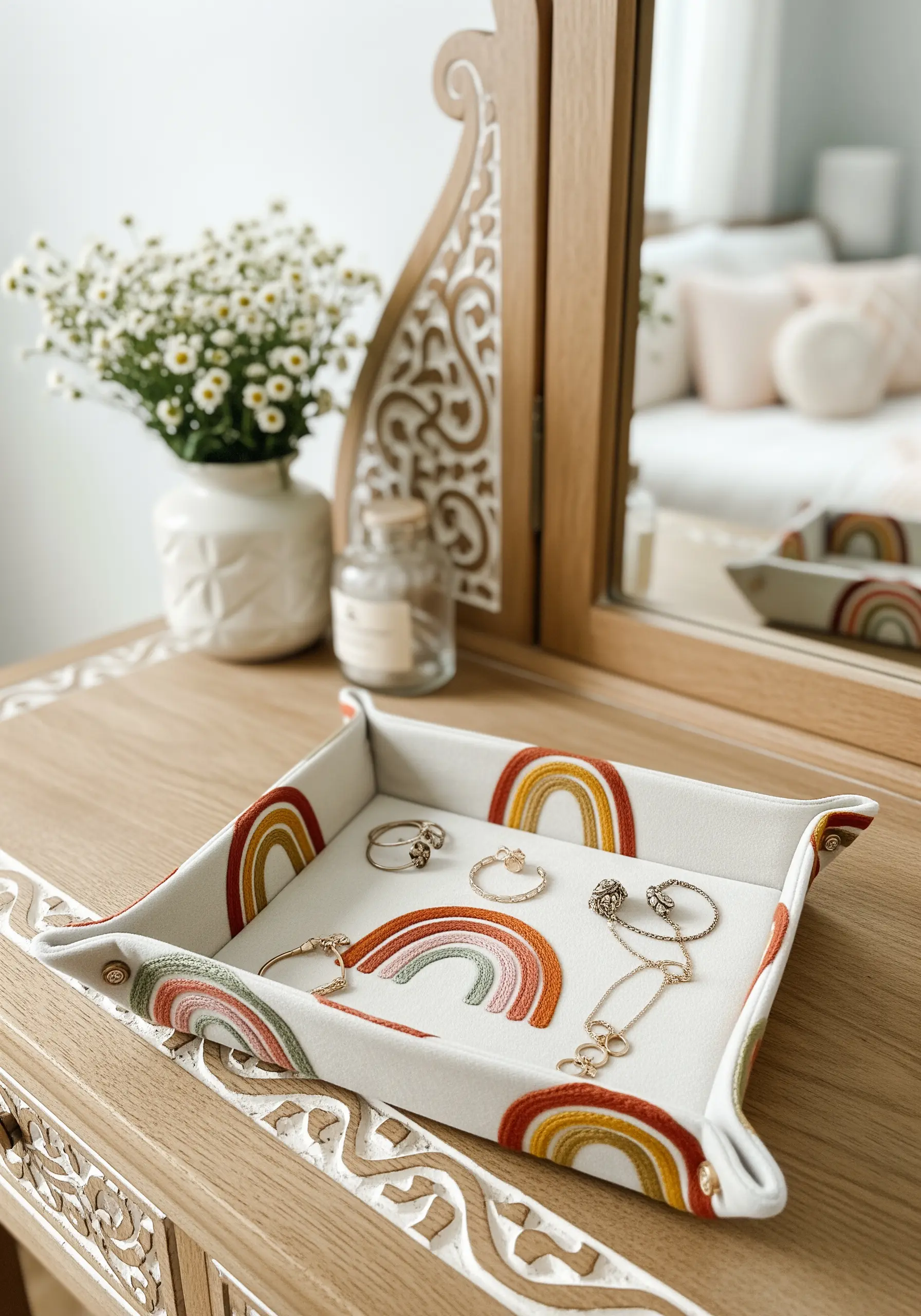 A fabric valet tray lined with embroidered rainbow motifs, holding various pieces of jewelry.