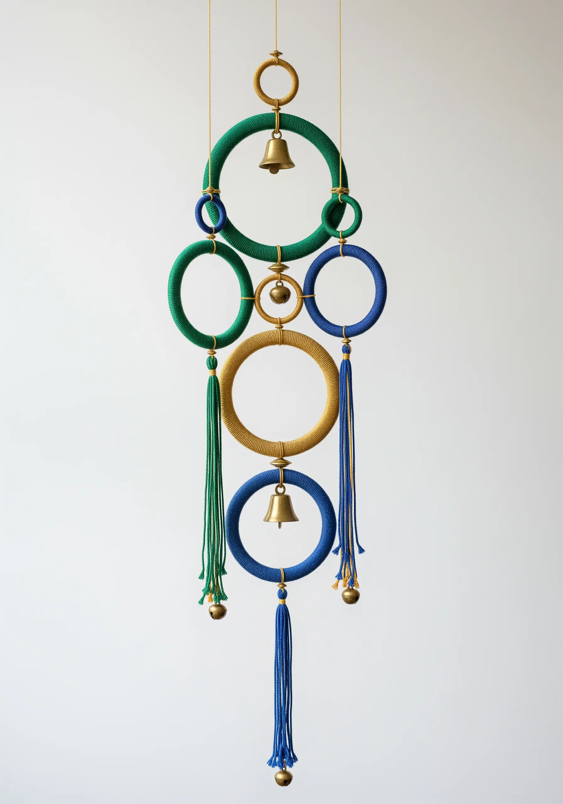 A modern mobile made from yarn-wrapped hoops in green, blue, and gold, with small bells and tassels.