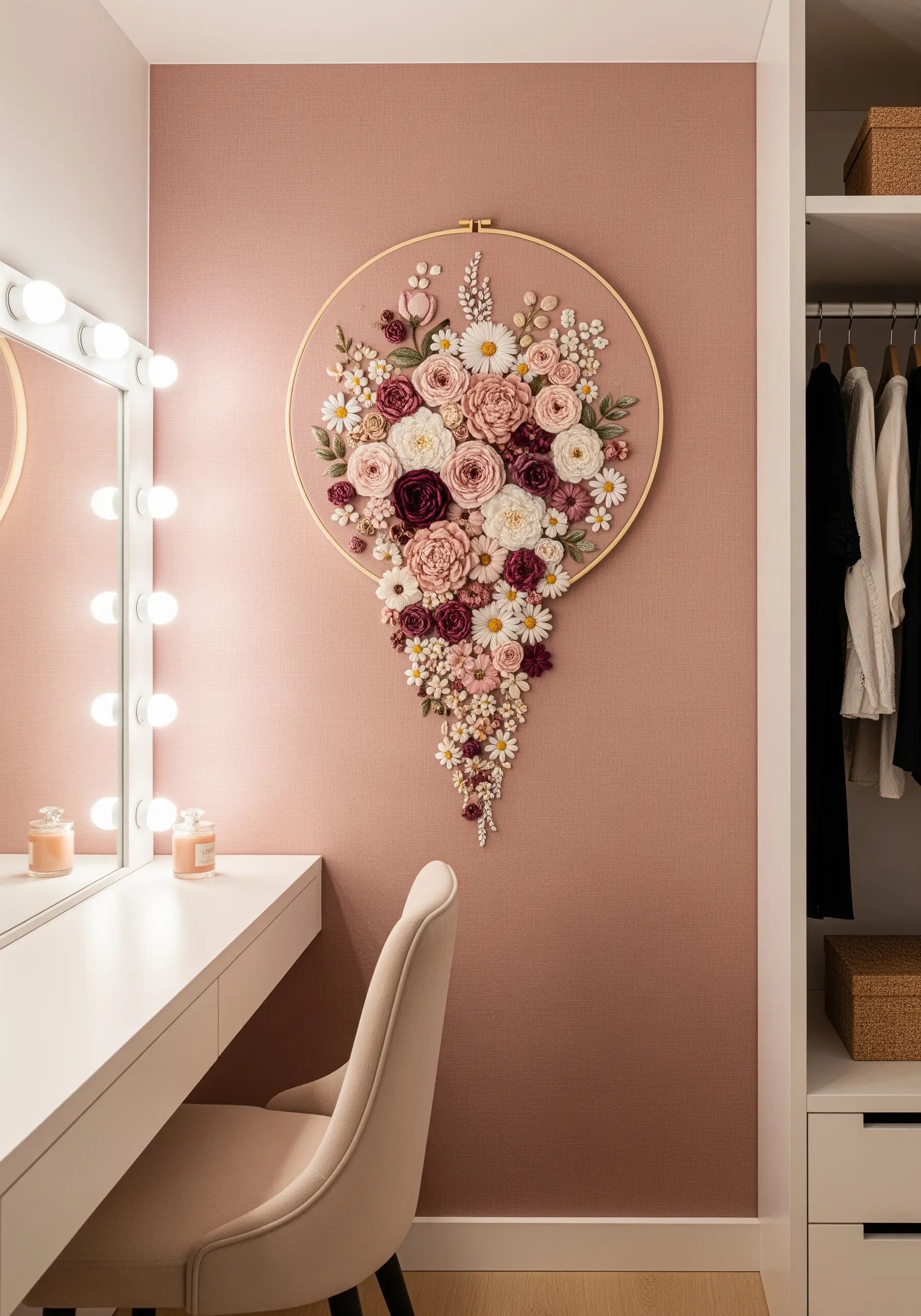 An oversized embroidery hoop with a cascading, three-dimensional bouquet of embroidered flowers.