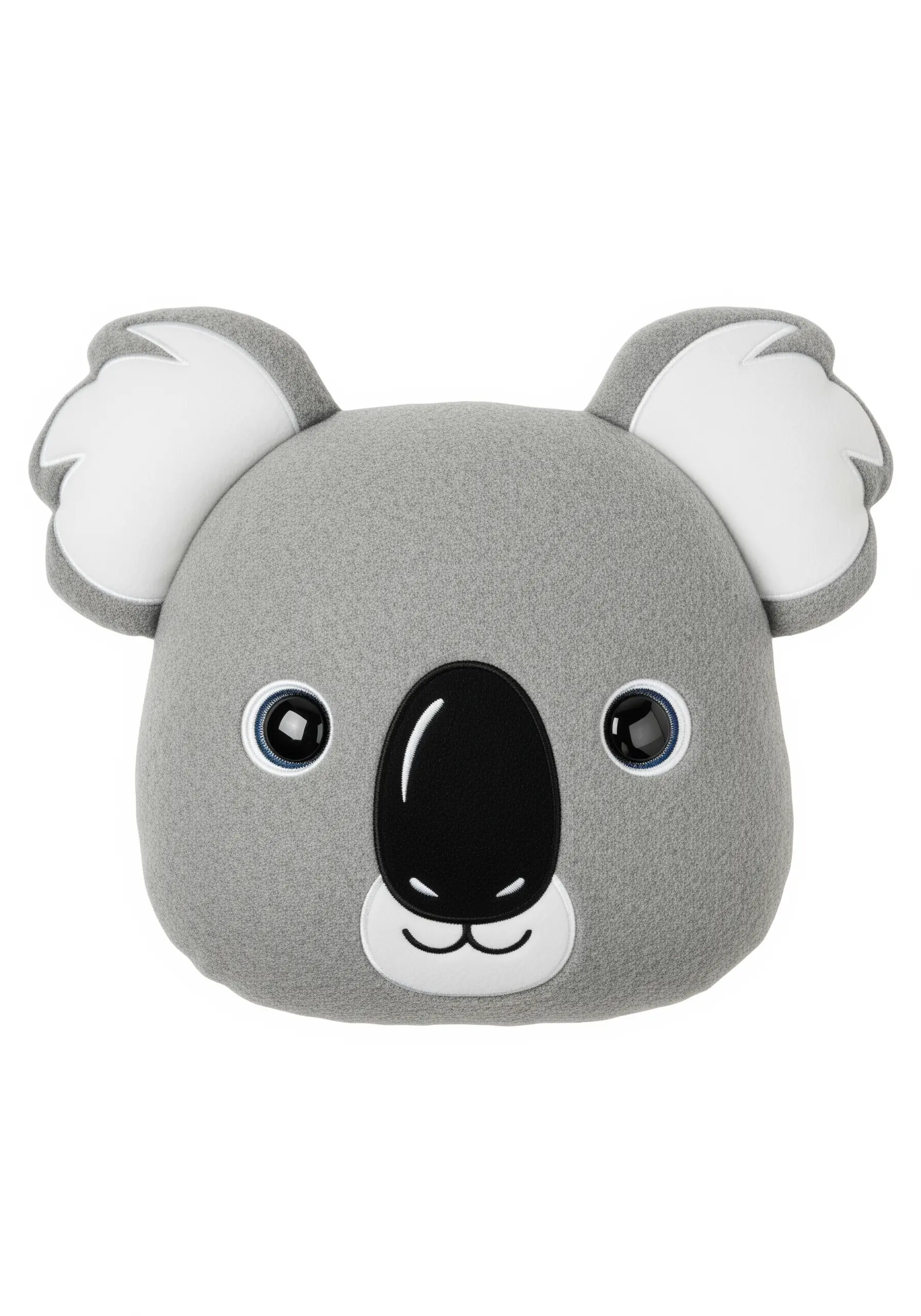 A shaped pillow of a koala head made from grey felt with appliqué features.