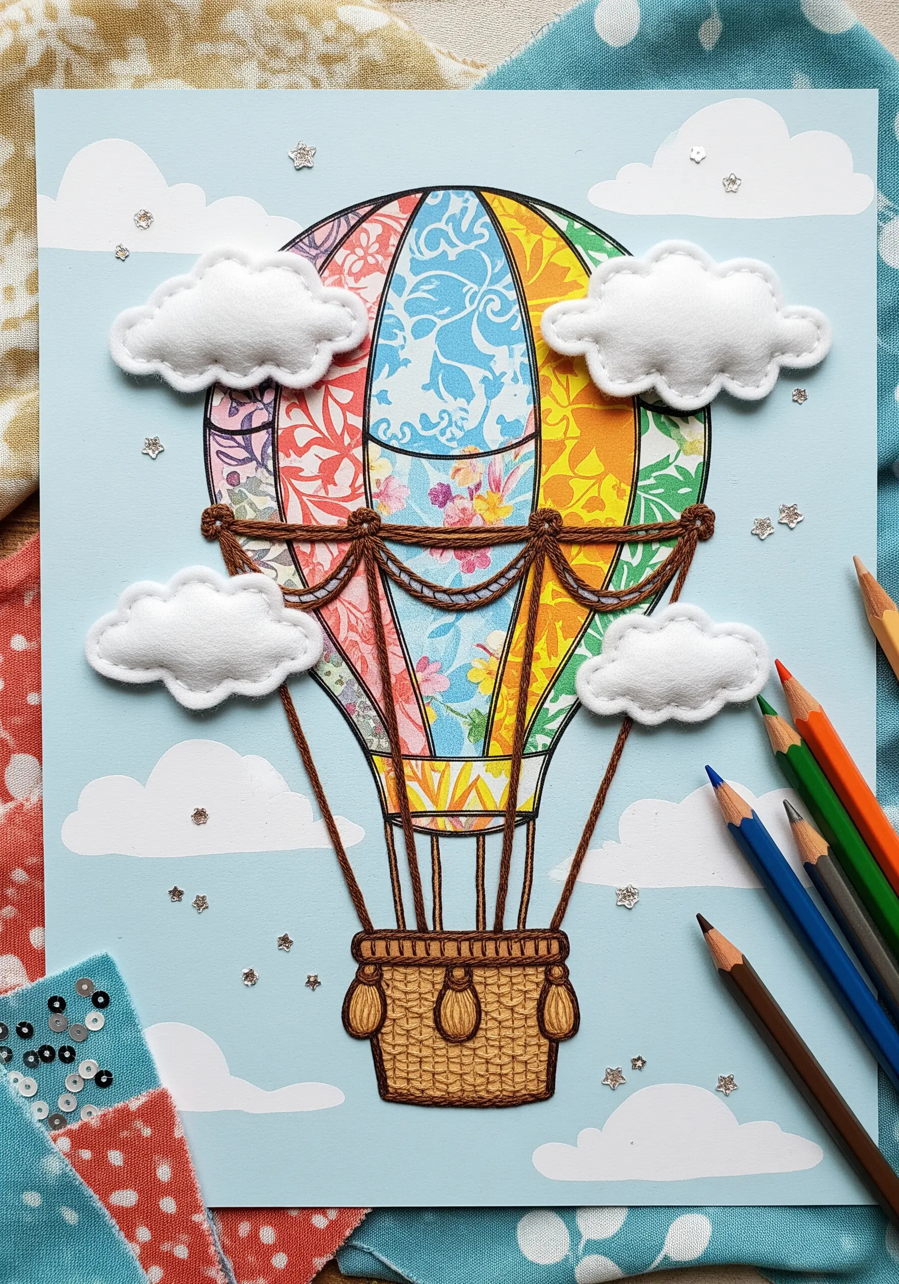 A hot air balloon made of colorful fabric appliqué with puffy white felt clouds.