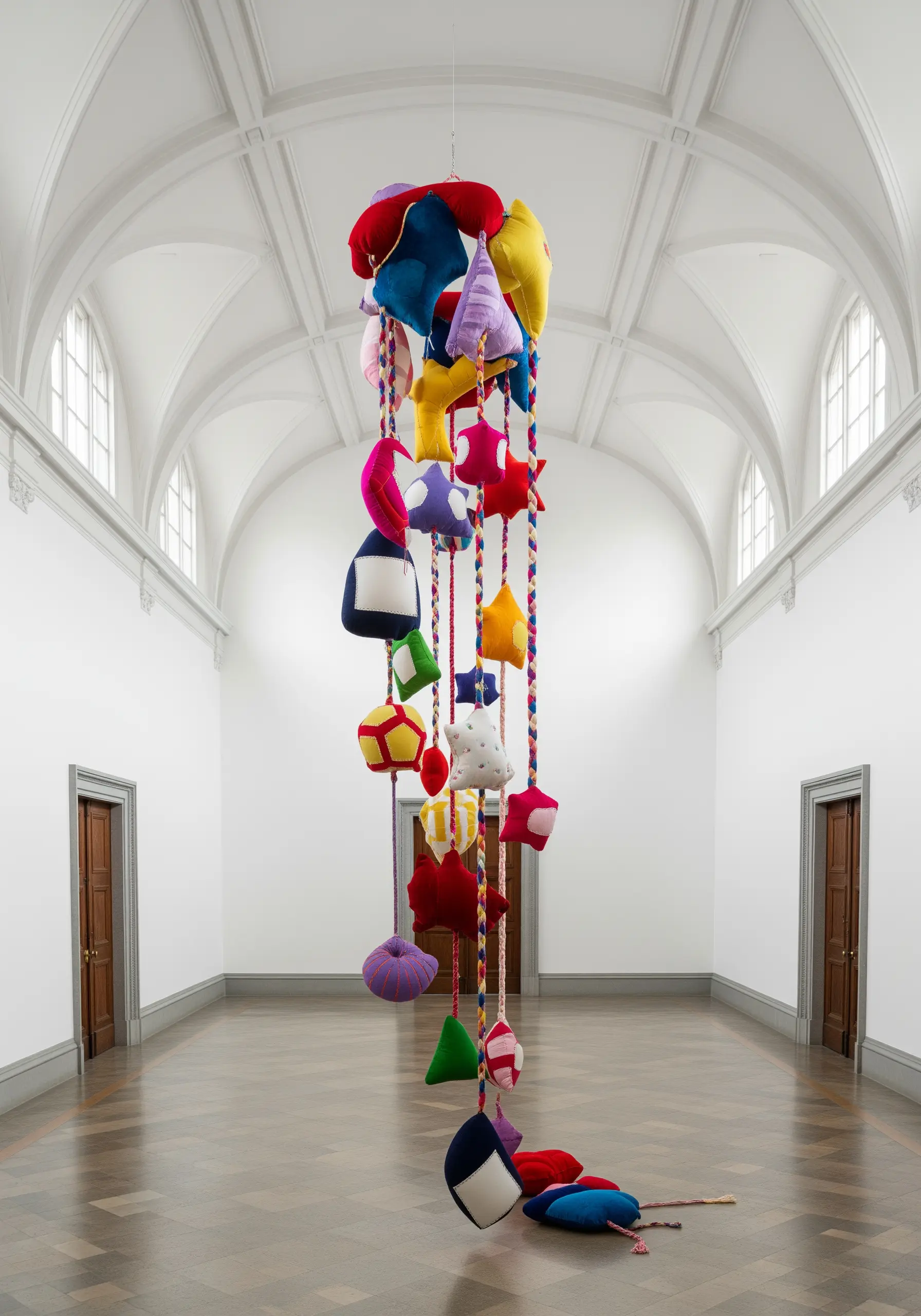 A large, hanging soft sculpture mobile made of colorful, stuffed fabric shapes in an art gallery.