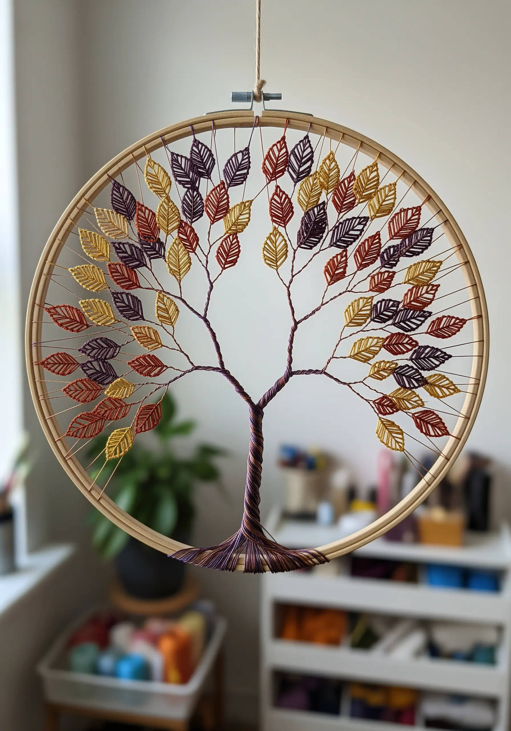A tree of life made from wire and thread inside a large embroidery hoop, with colorful autumn leaves.