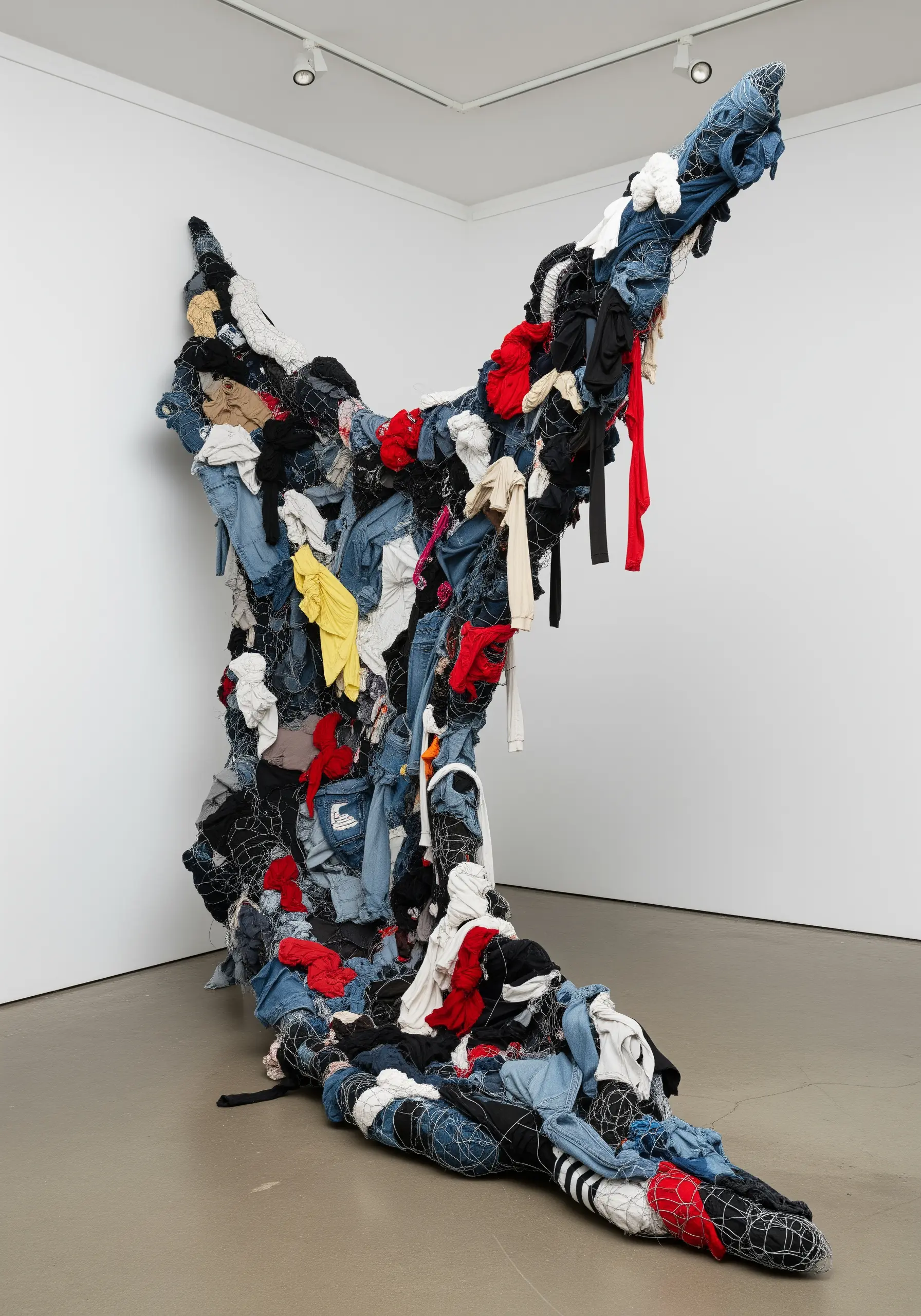 A large, abstract sculpture made from deconstructed clothing wrapped around a wire frame.