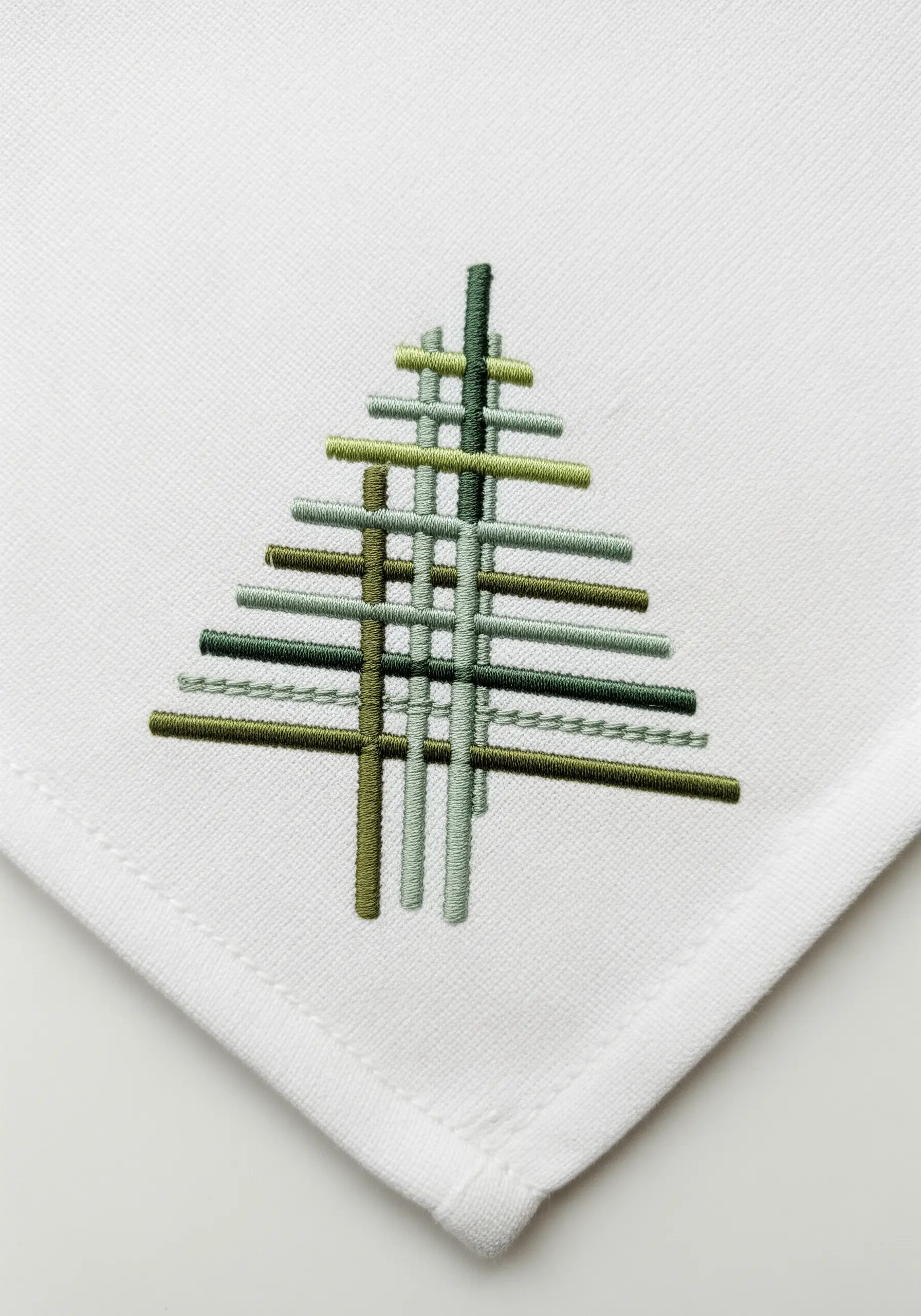 Abstract Christmas tree made of layered green satin stitches on a white napkin corner.