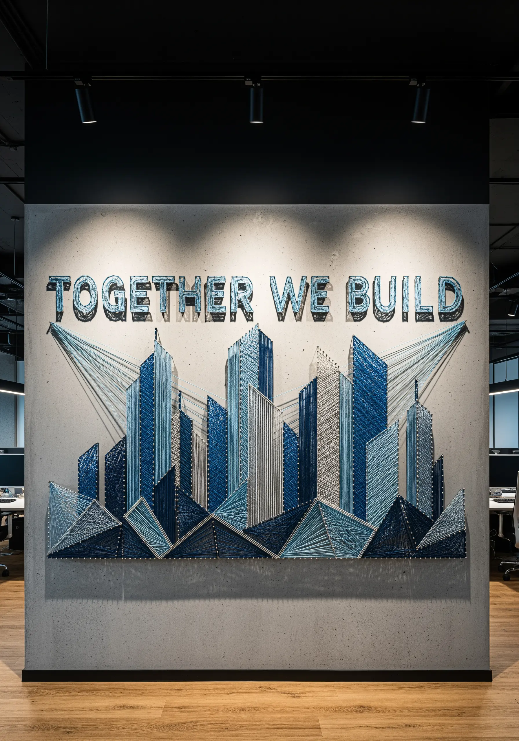 Large-scale string art of a city skyline in shades of blue, with 'TOGETHER WE BUILD' above.
