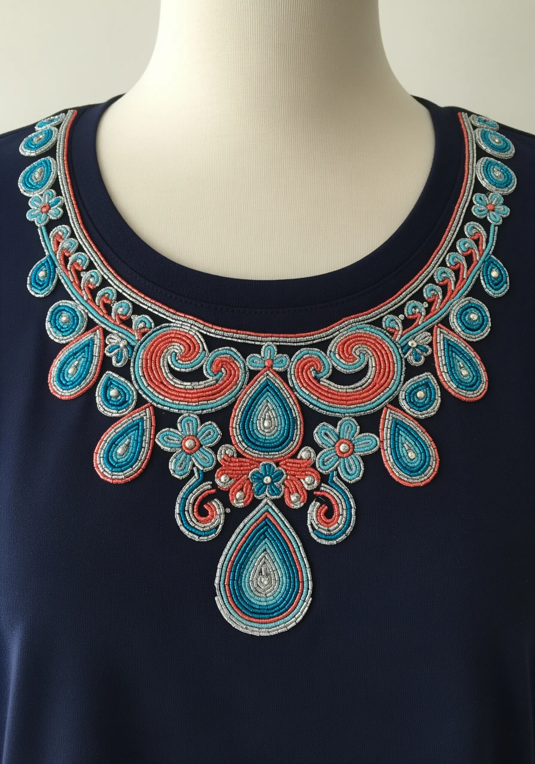An intricate, necklace-like embroidery design in blue, coral, and silver around the neckline of a navy shirt.
