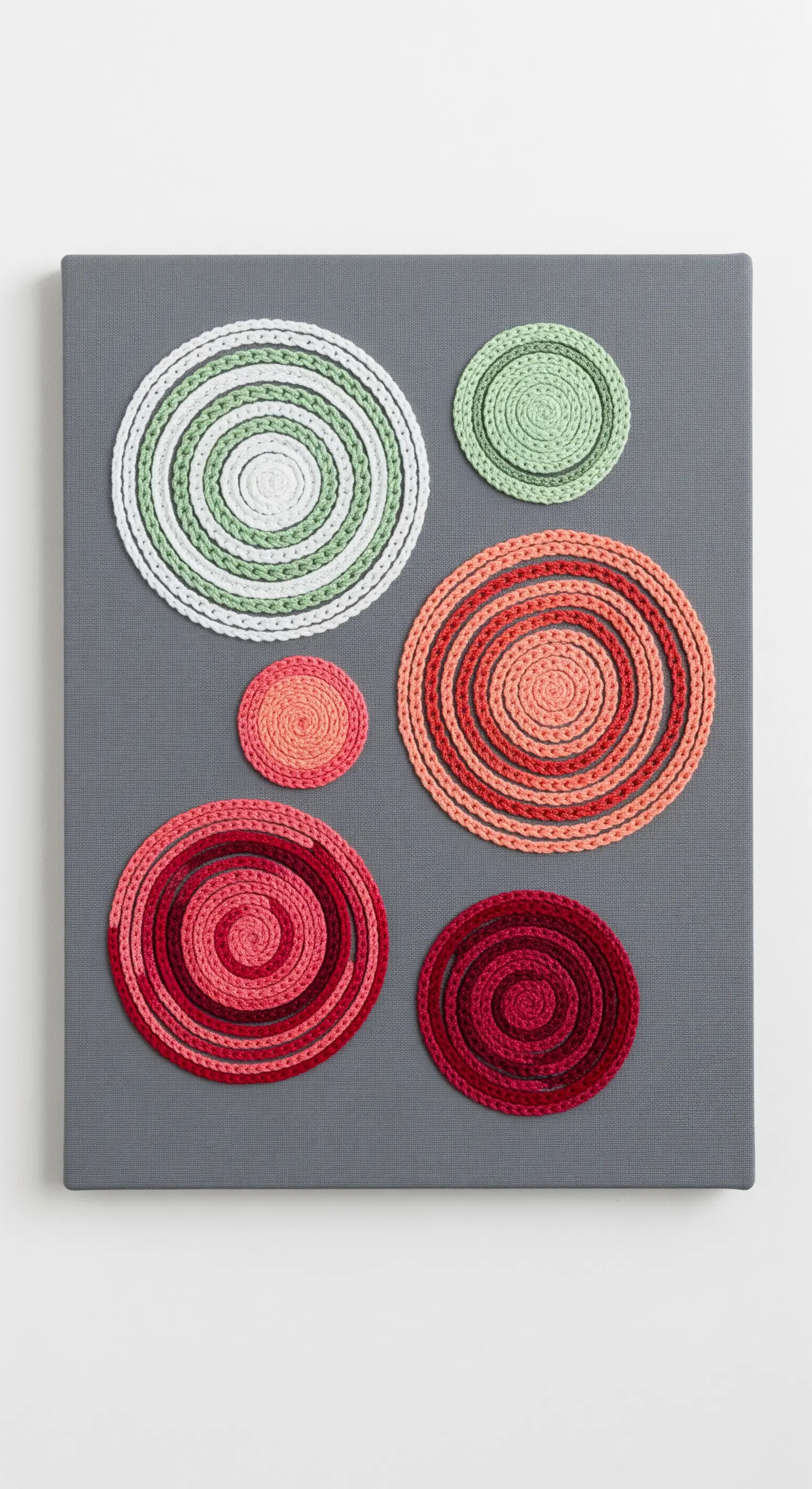 Abstract wall art made of coiled, floss-wrapped ropes in gradient color schemes.