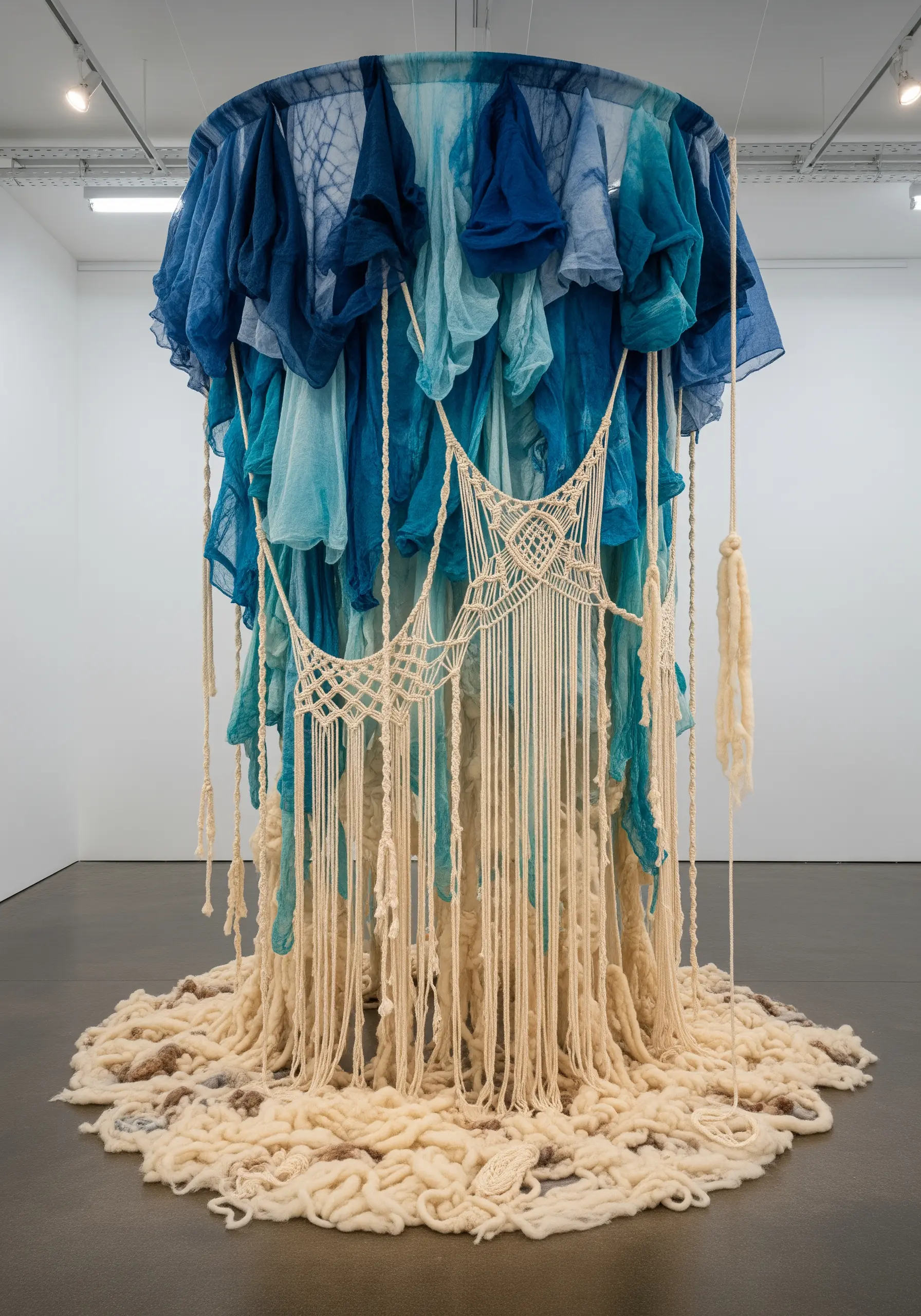 Large-scale fiber art installation with draped blue fabric, macrame netting, and wool.