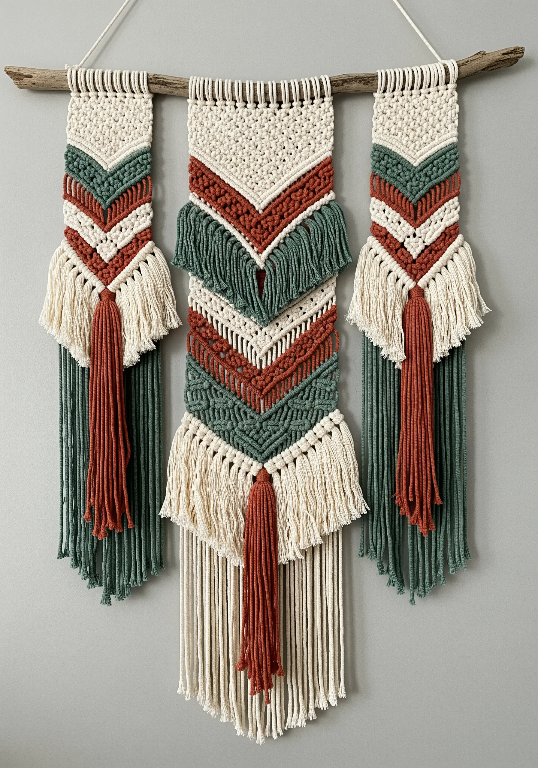 Three-panel macrame wall hanging in cream, rust, and sage green with geometric knots.