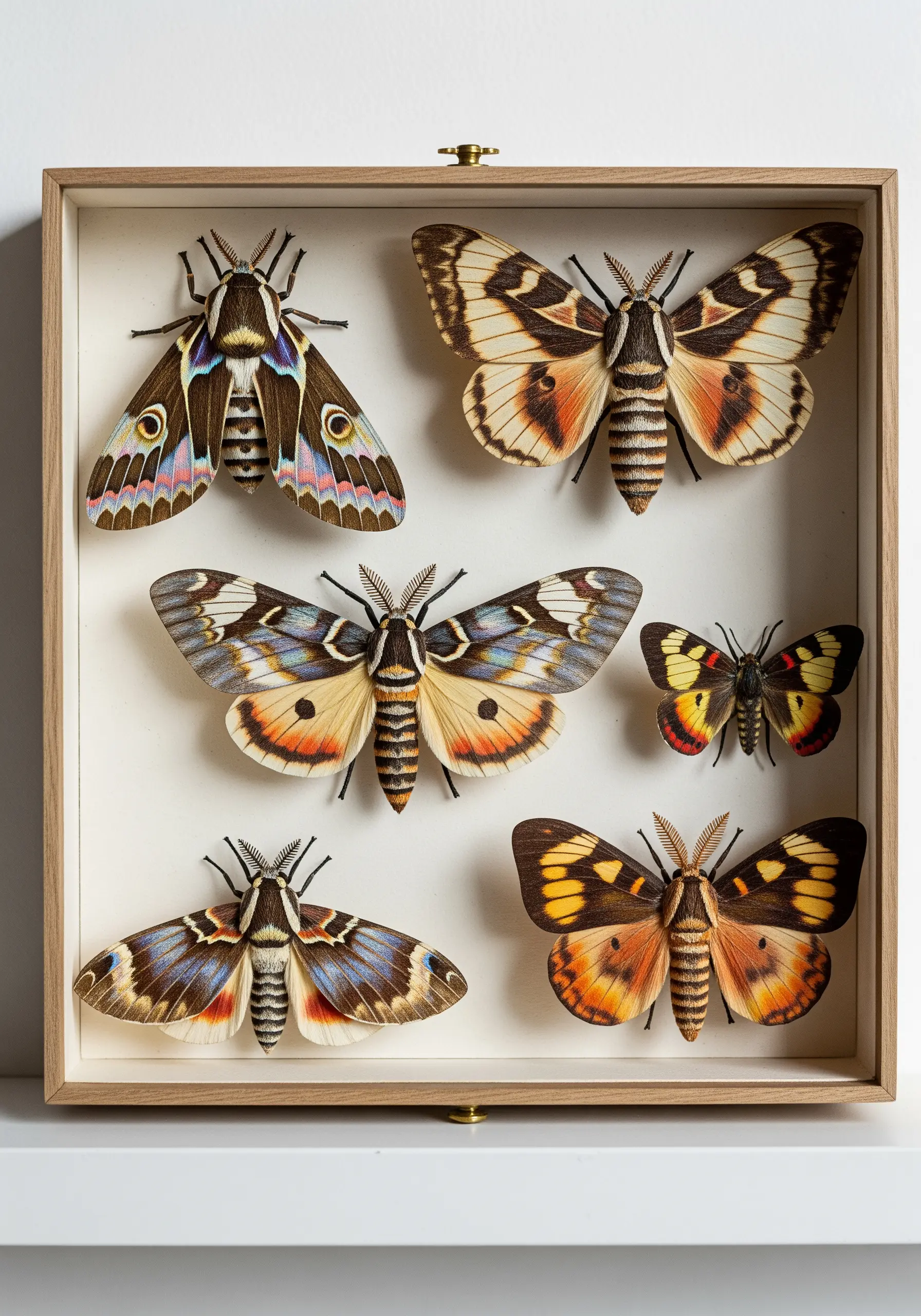 A shadow box display of incredibly realistic moths made from printed paper with embroidered details.