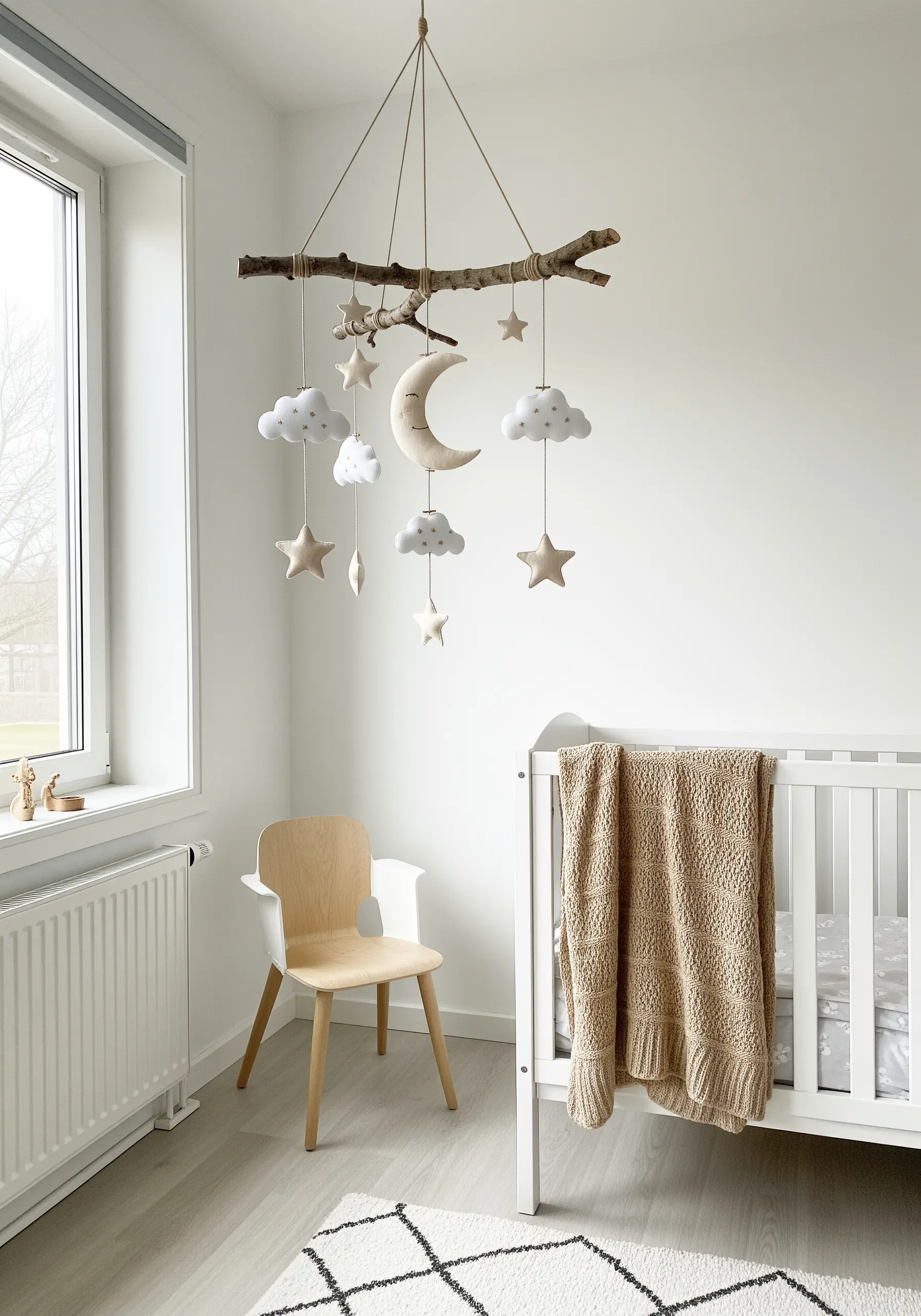 A nursery mobile made from a branch with hanging felt clouds, stars, and a moon.