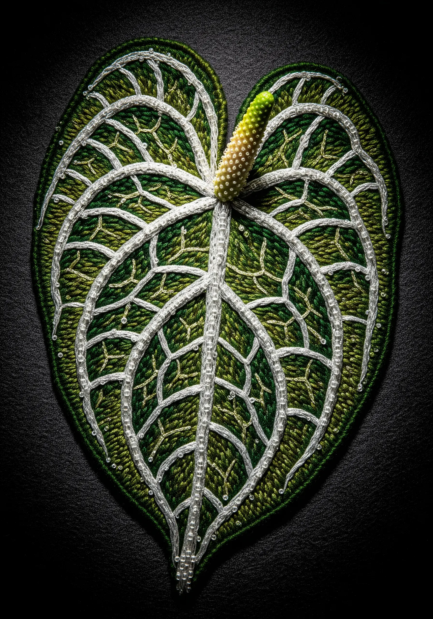 Highly detailed embroidered Anthurium leaf with white seed beads forming the prominent veins.