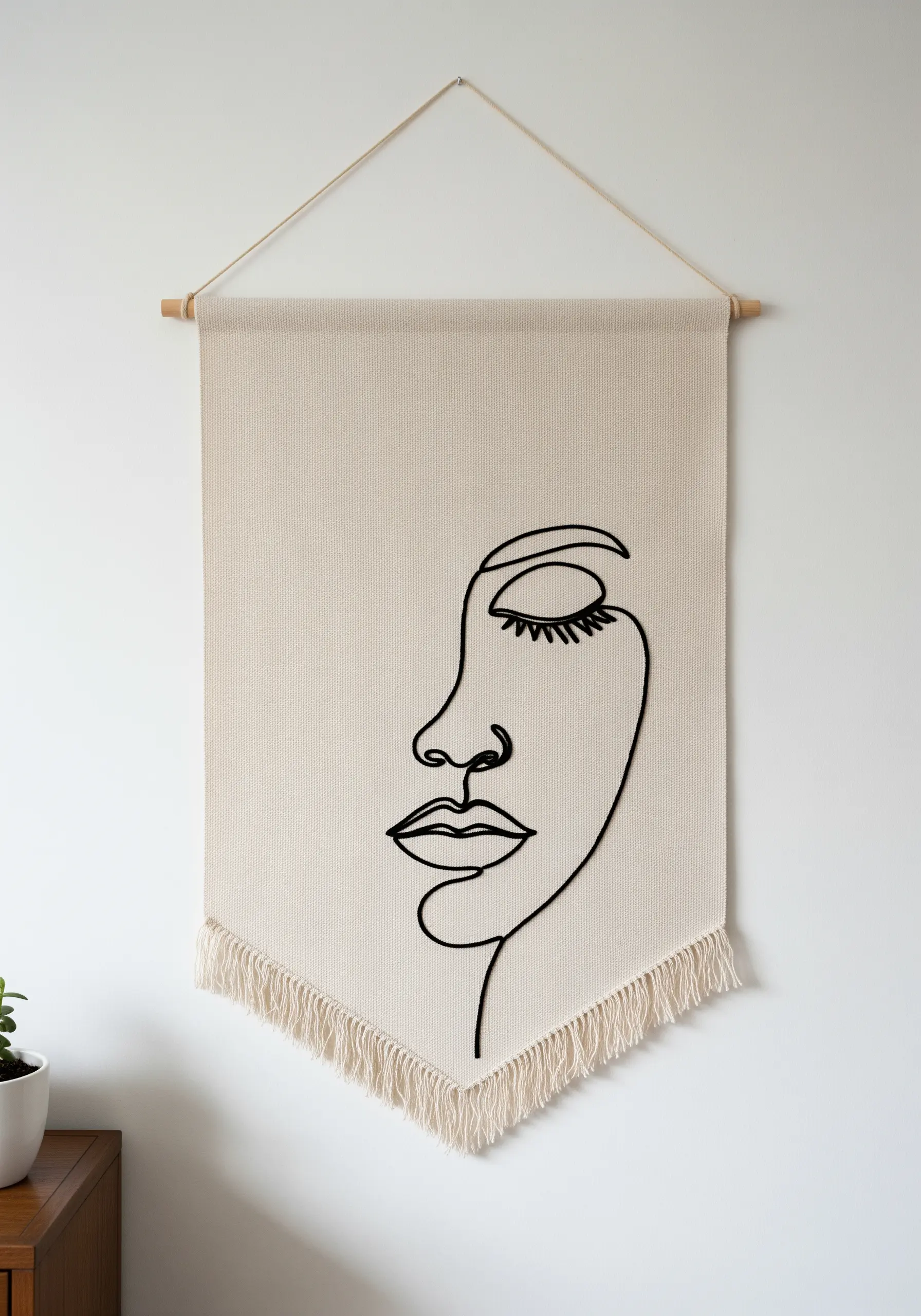 A minimalist line art portrait of a face stitched in black thread on a neutral fabric banner.