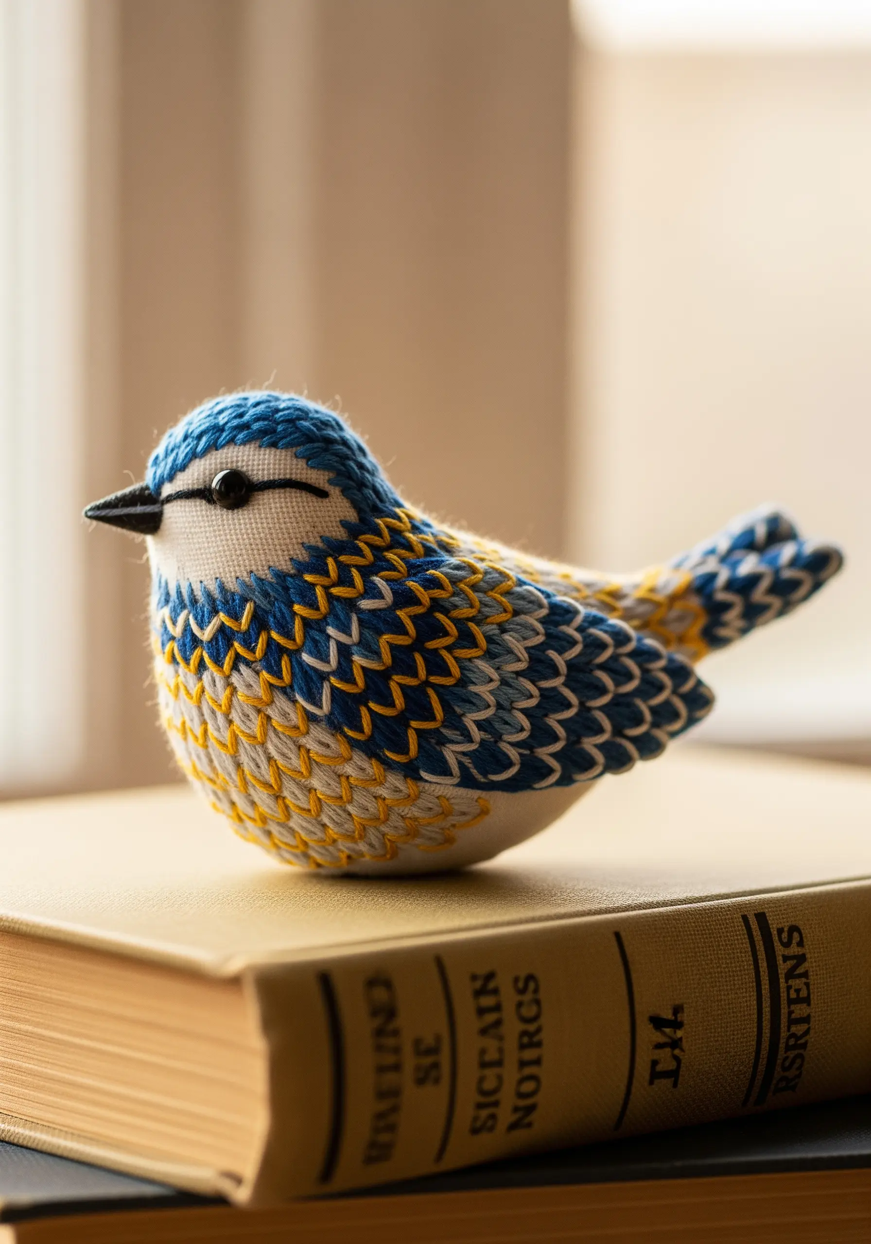 A 3D embroidered bird with blue, yellow, and white contoured stitching, resting on a book.