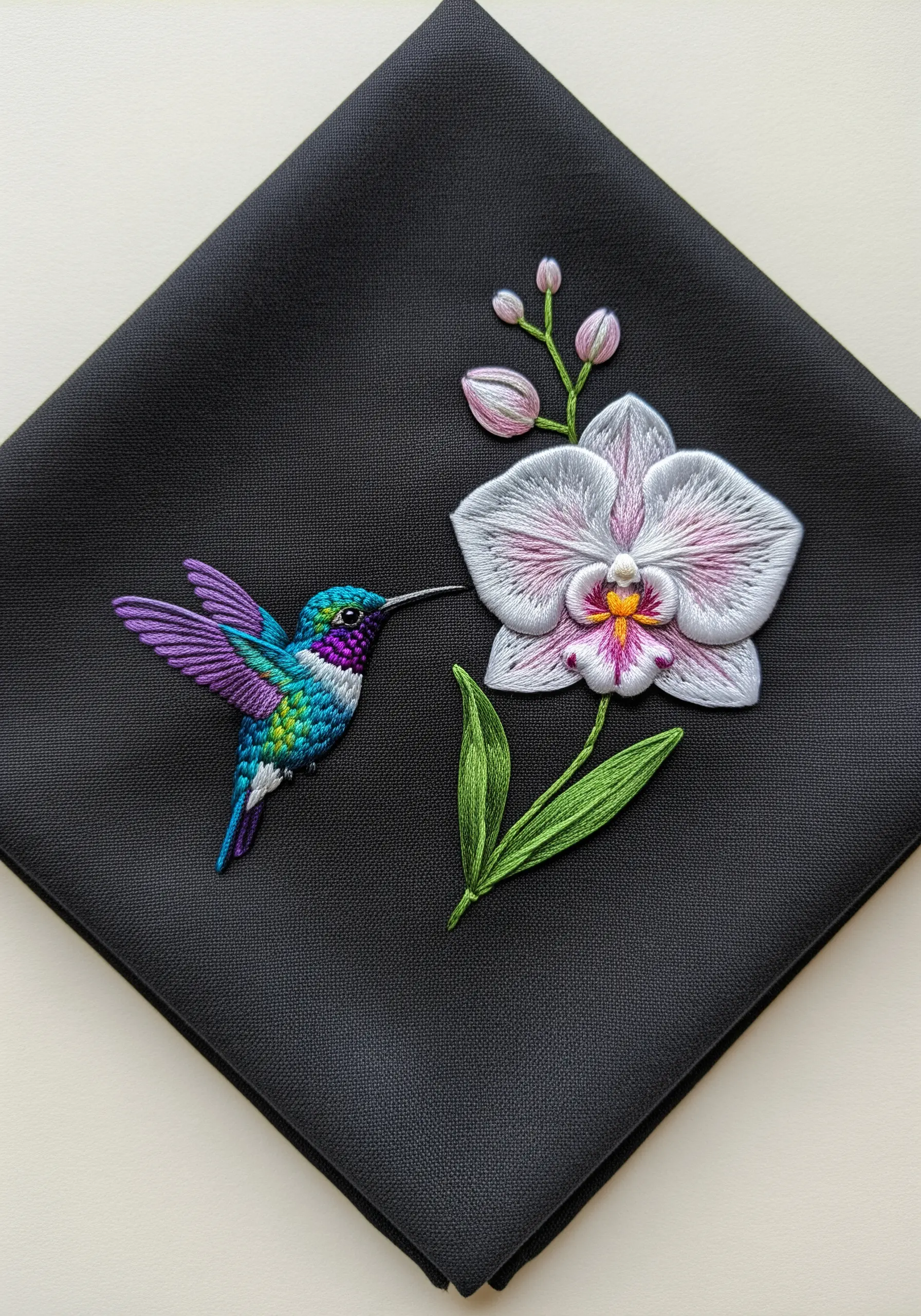 A bright blue hummingbird and a white and pink orchid on black fabric.
