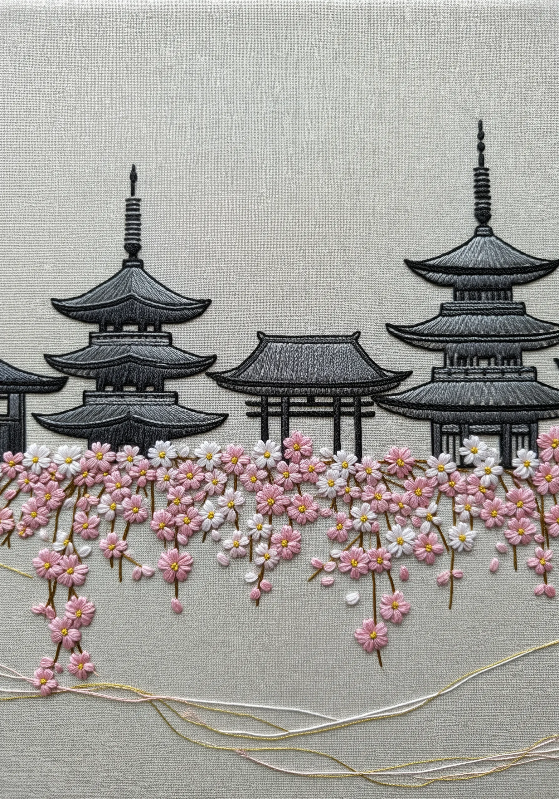 Embroidery of Japanese pagodas with a foreground of delicate pink and white cherry blossoms.