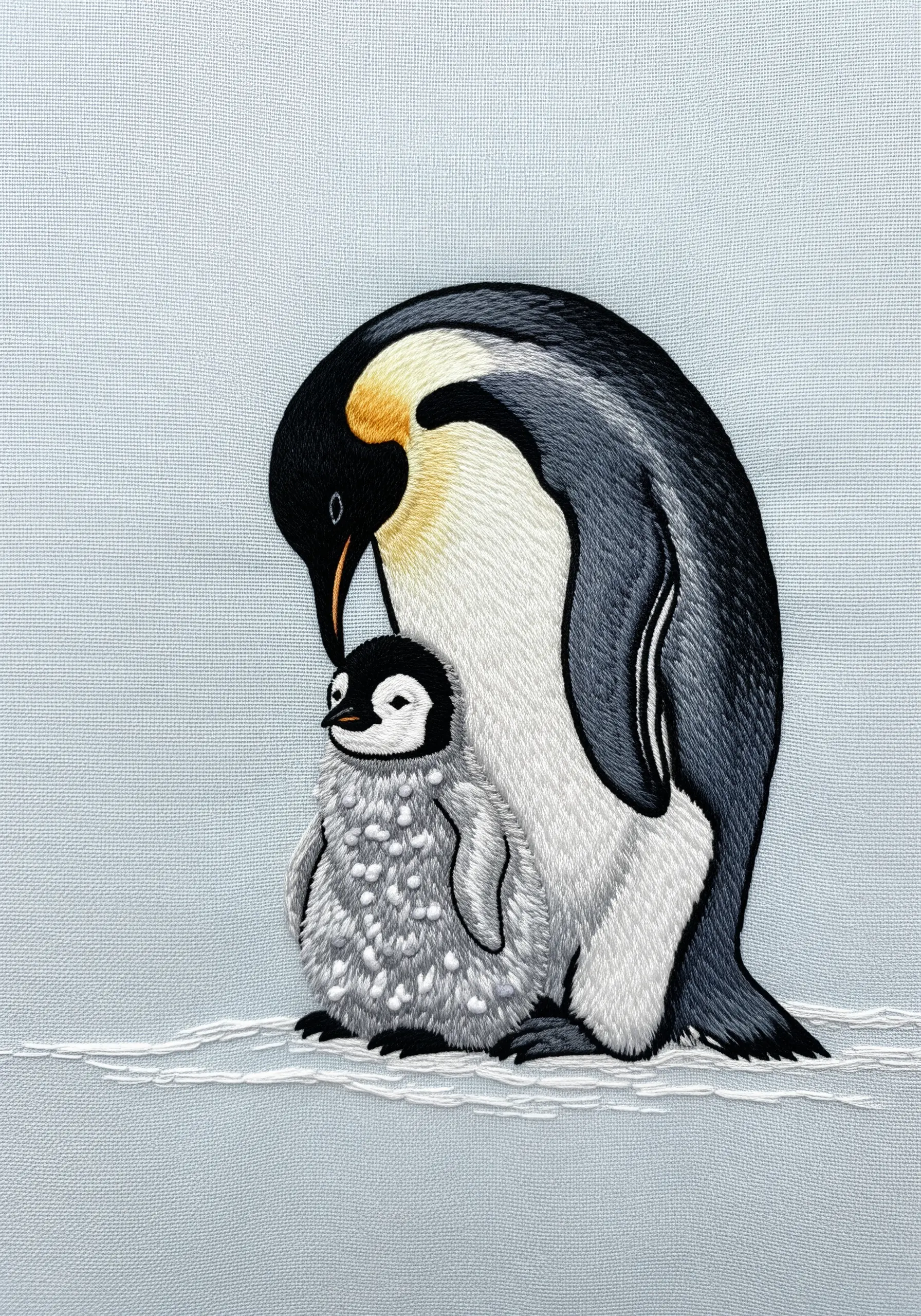 An adult and baby penguin embroidery showing the contrast between sleek and downy feathers.