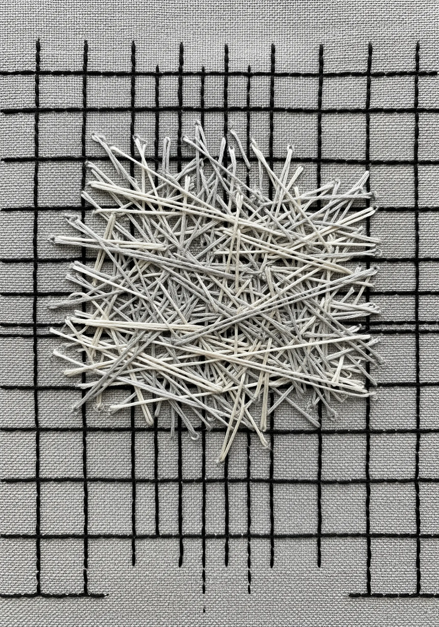 A chaotic tangle of light gray stitches contained within a neat black backstitch grid.