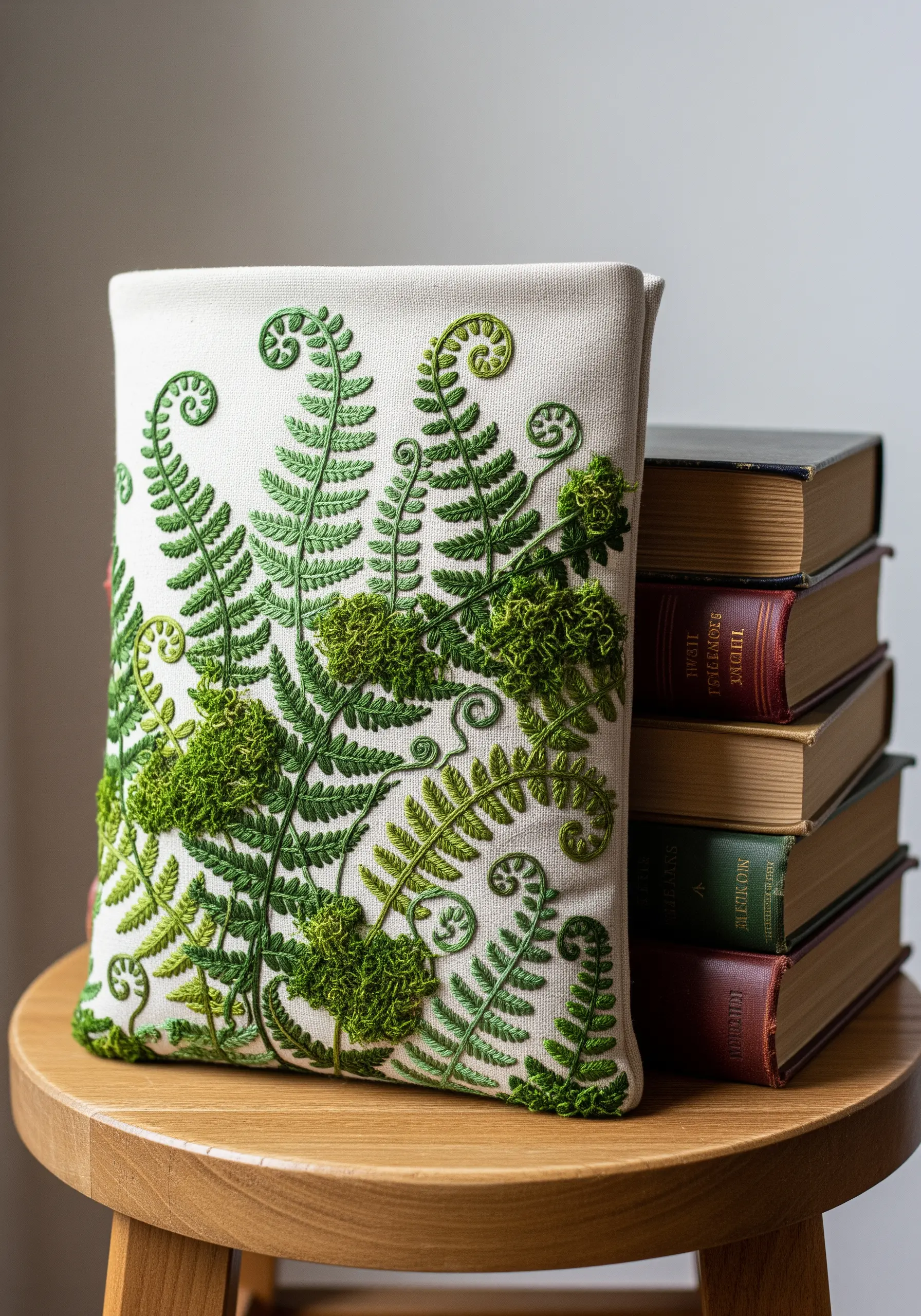 A book sleeve with embroidered ferns and dimensional, mossy green texture.
