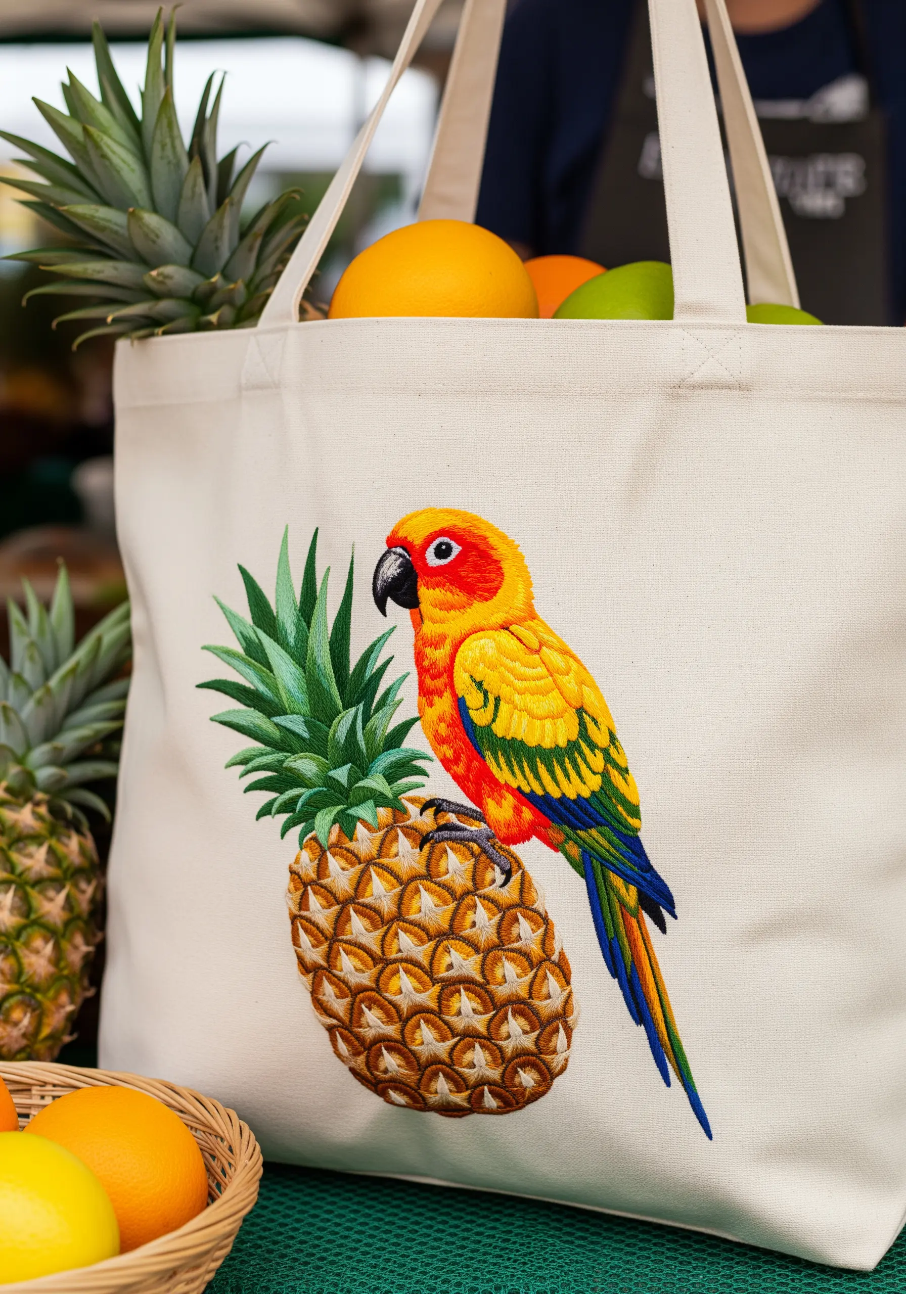 An embroidered sun conure parrot perched on a highly textured embroidered pineapple.