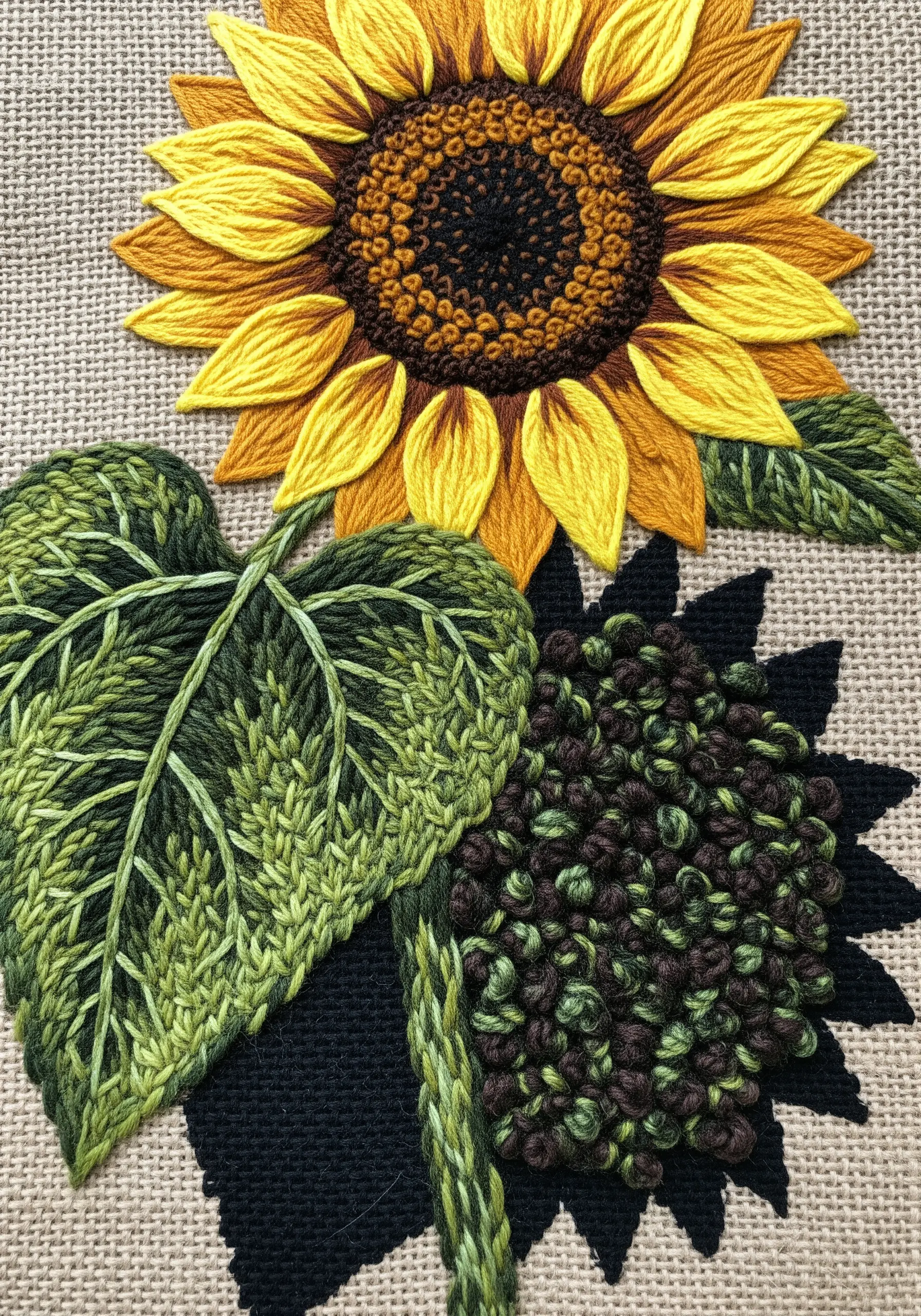 A sunflower and leaf with a shadow made of textured French knots.
