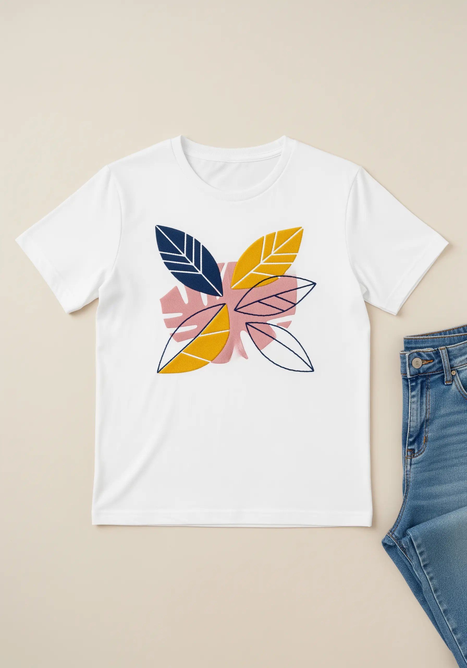 Abstract composition of solid and outlined leaves in navy, yellow, and pink.