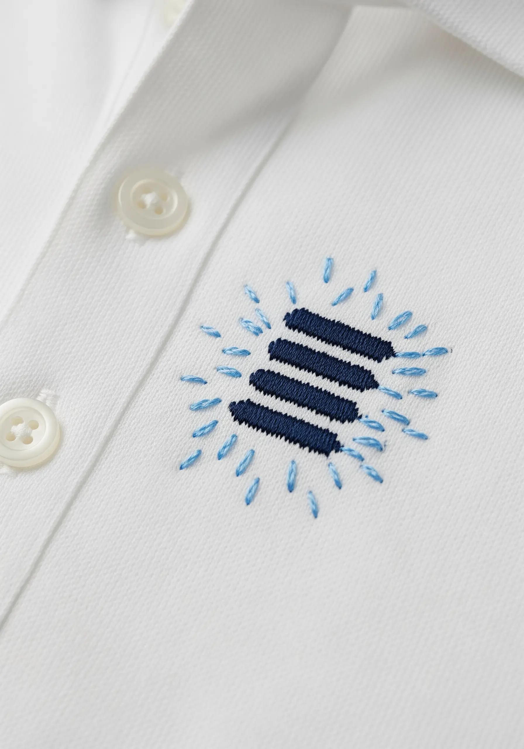 An abstract logo of solid navy bars with a radiating light blue glow on a white polo shirt.